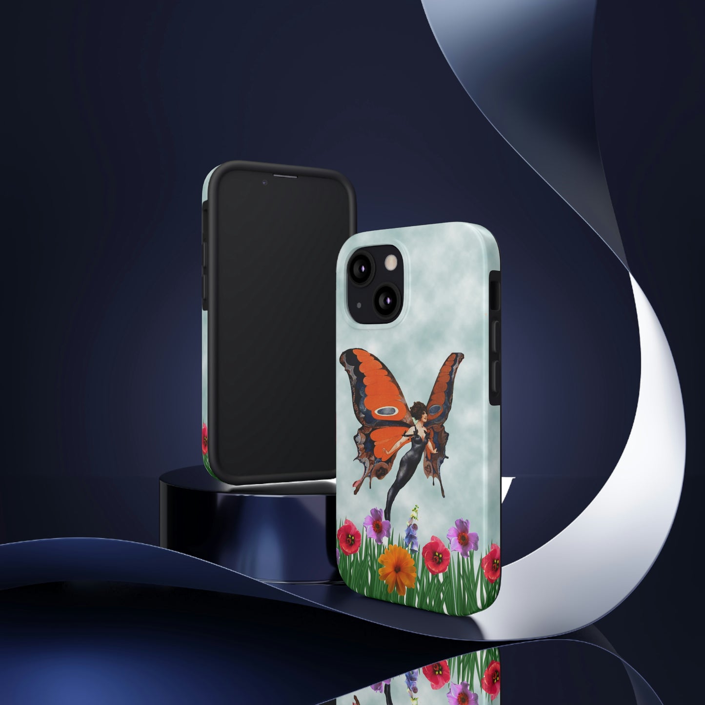 Theis unique iPhone case features a beautiful woman with butterfly wings flying above the tops of flower in a garden.