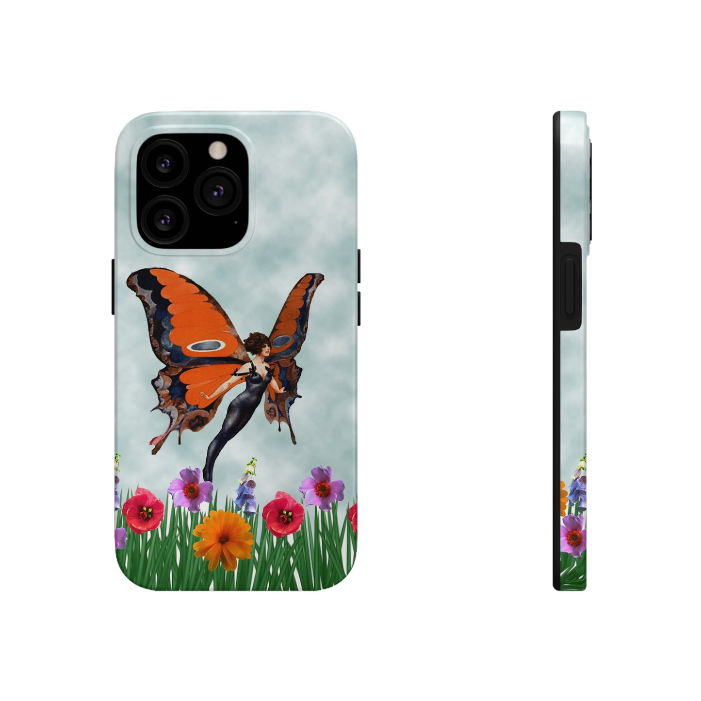 Theis unique iPhone case features a beautiful woman with butterfly wings flying above the tops of flower in a garden.