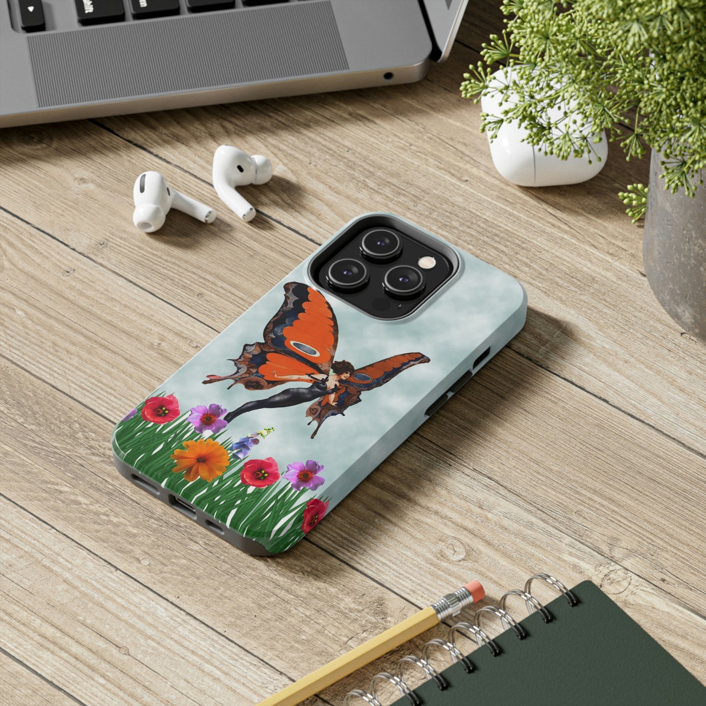 Theis unique iPhone case features a beautiful woman with butterfly wings flying above the tops of flower in a garden.