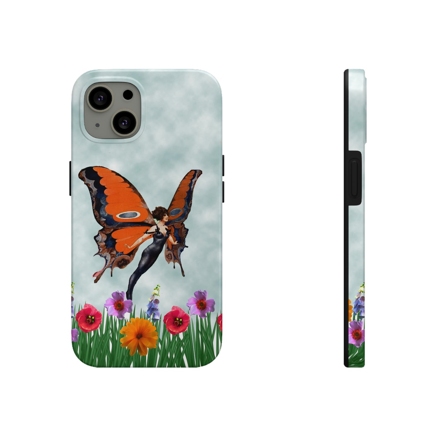 Theis unique iPhone case features a beautiful woman with butterfly wings flying above the tops of flower in a garden.