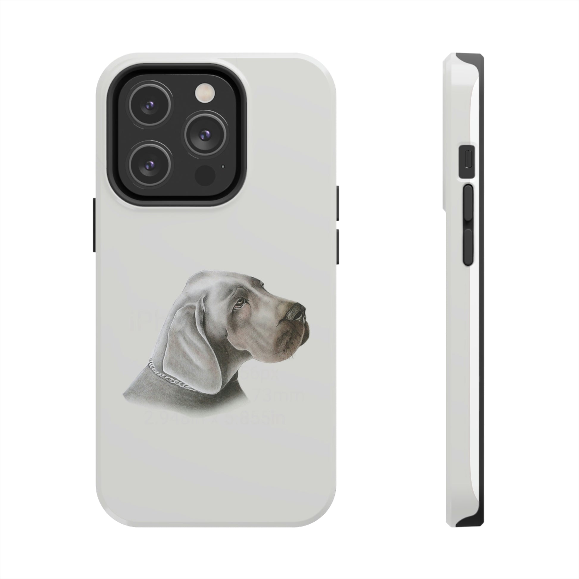 This unique iPhone case features a rending of a chalk sketch of a Weimaraner showing its head and shoulder.  