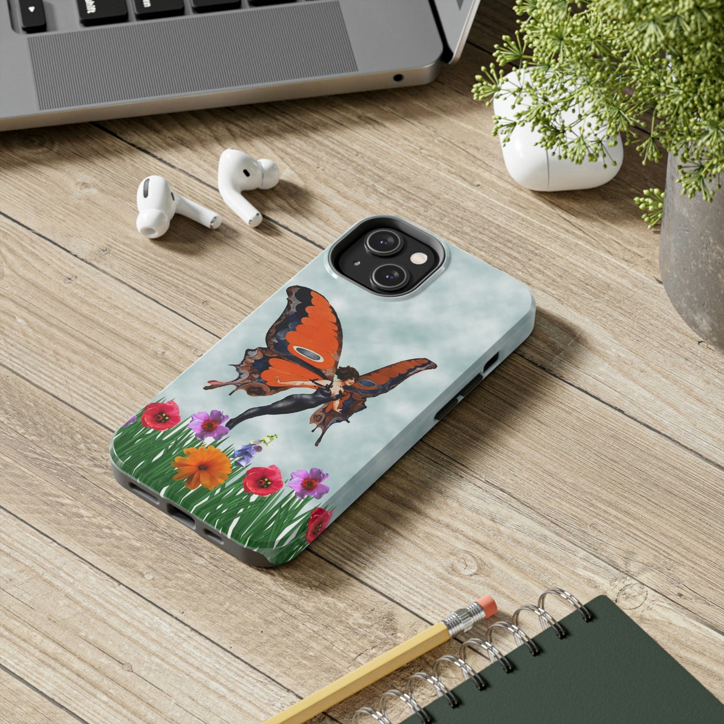 Theis unique iPhone case features a beautiful woman with butterfly wings flying above the tops of flower in a garden. 