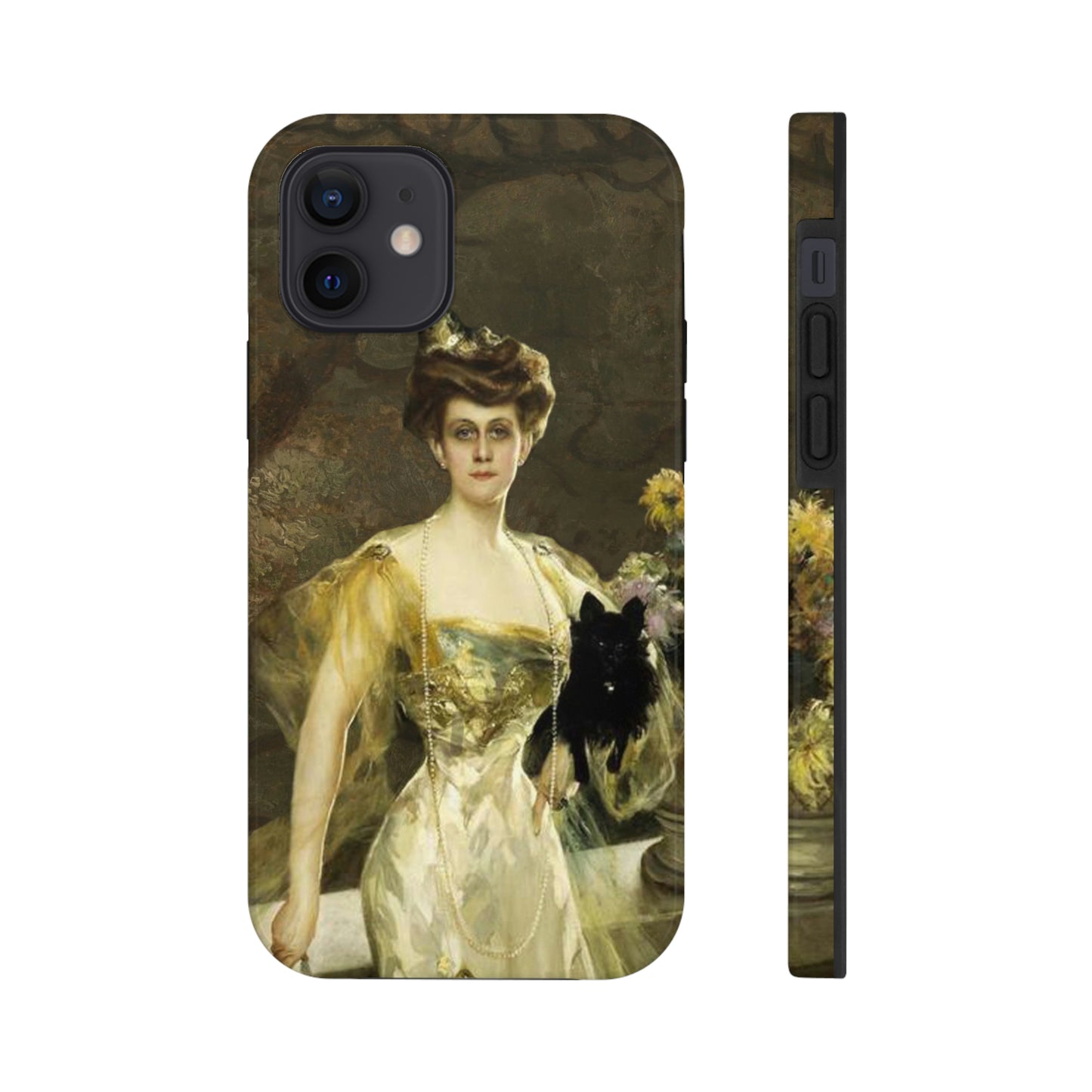 This unique iPhone case features an elegant 18th century lady in a golden evening gown, leaning against a balcony wall, and holding a black Scotty in one arm. She is looking directly at the viewer with no expression.