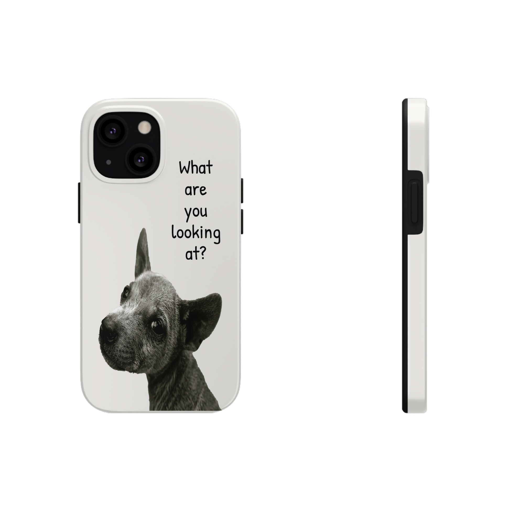 This unique iPhone case features a slight scruffy dog looking back over its shoulder in a challenging way with the text "What are you looking at?"