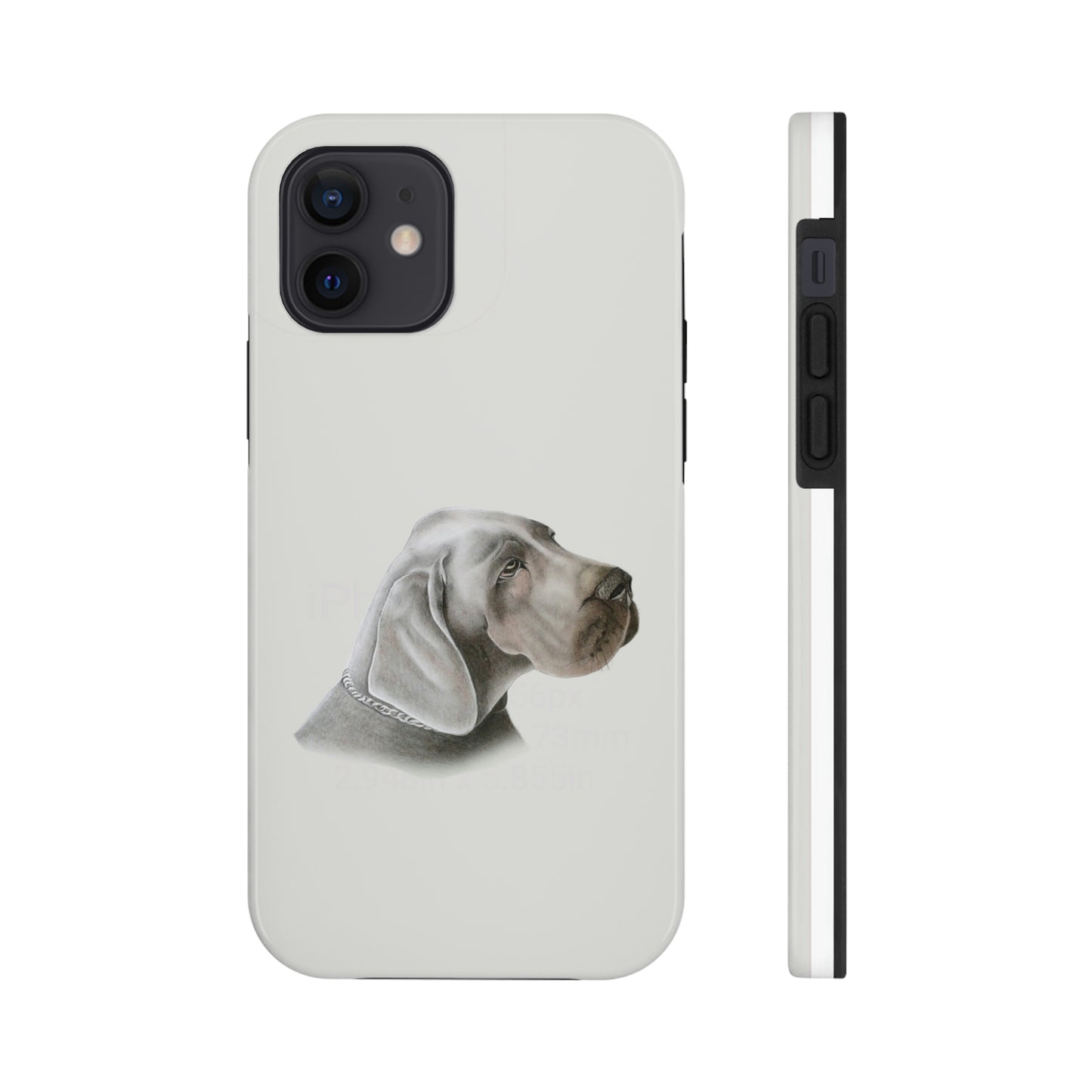 This unique iPhone case features a rending of a chalk sketch of a Weimaraner showing its head and shoulder.  