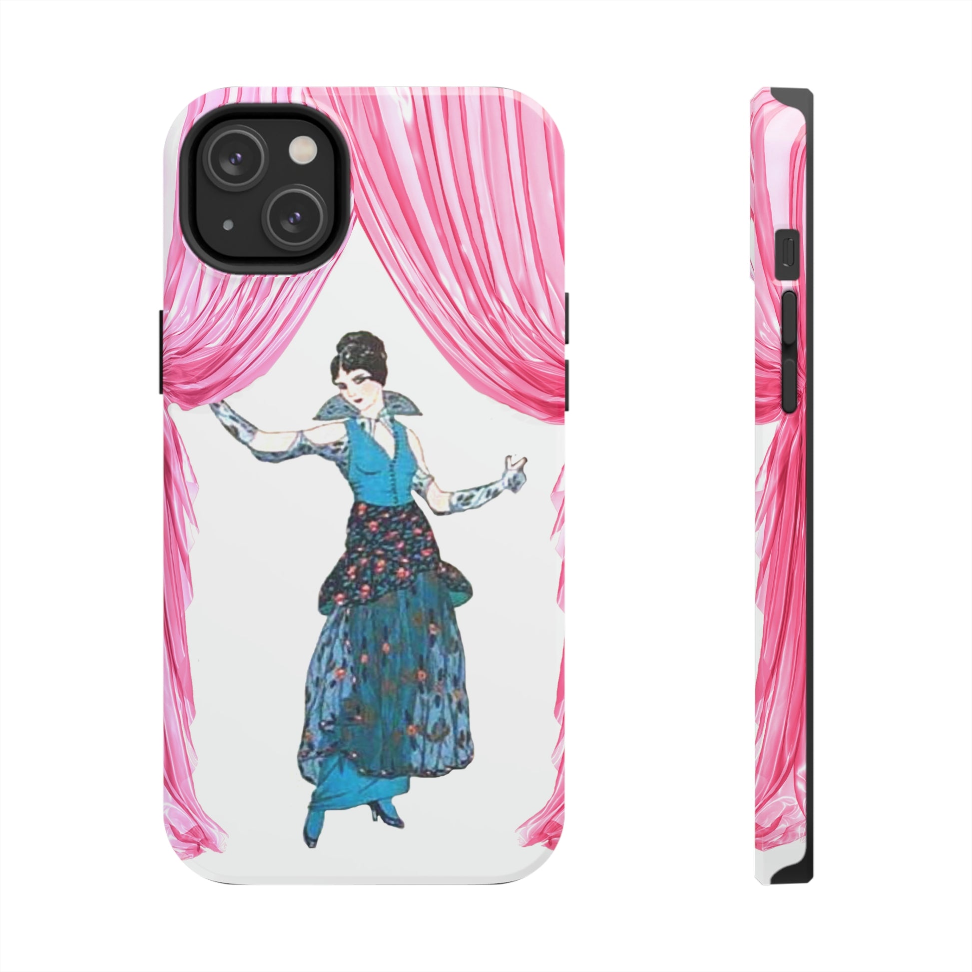 This Unique iPhone Case features a woman in 1913 clothing stepping out from behind a pink curtain. 