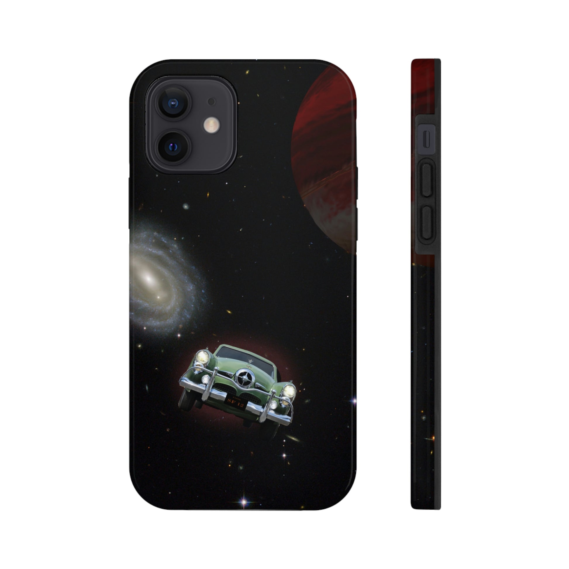 This unique iPhone case features a Studebaker Commander traveling through space with planets in the background