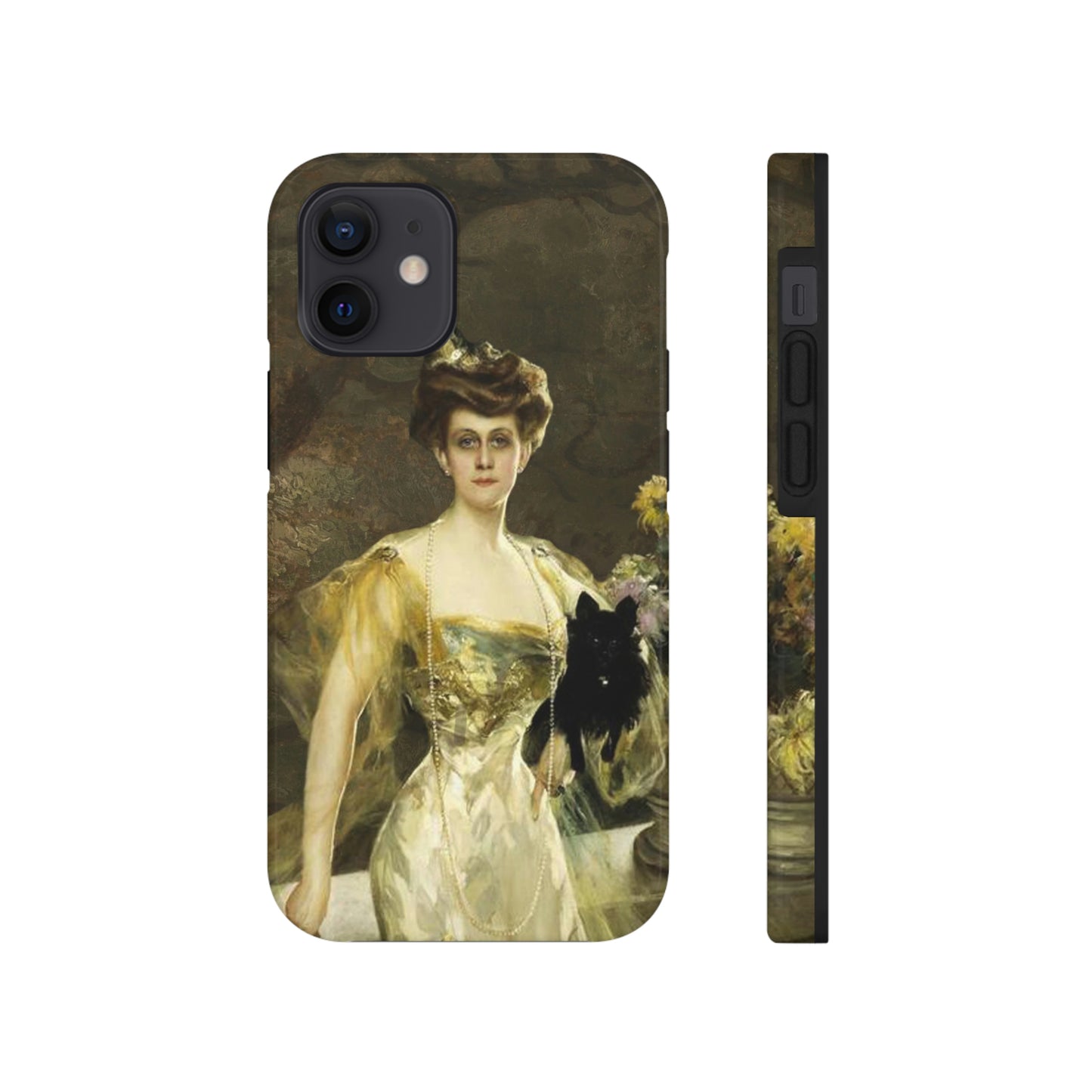 This unique iPhone case features an elegant 18th century lady in a golden evening gown, leaning against a balcony wall, and holding a black Scotty in one arm. She is looking directly at the viewer with no expression.