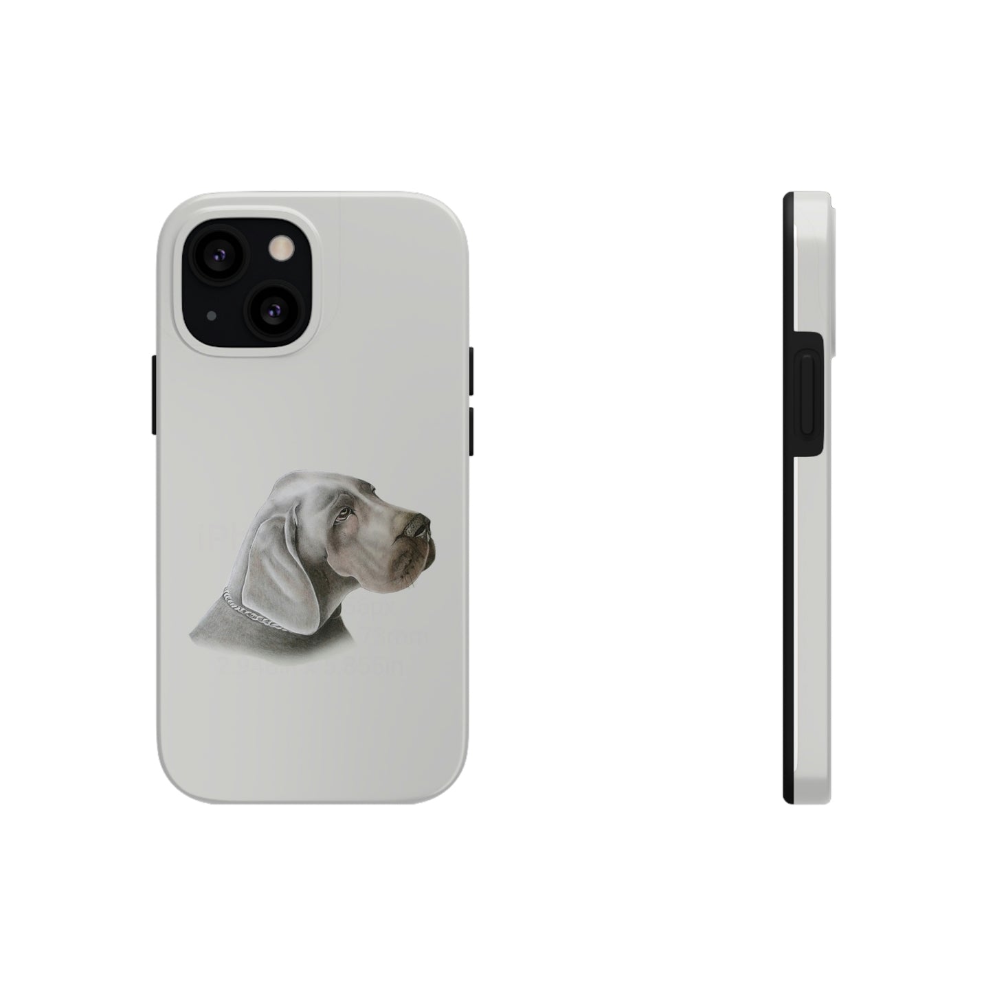 This unique iPhone case features a rending of a chalk sketch of a Weimaraner showing its head and shoulder.  