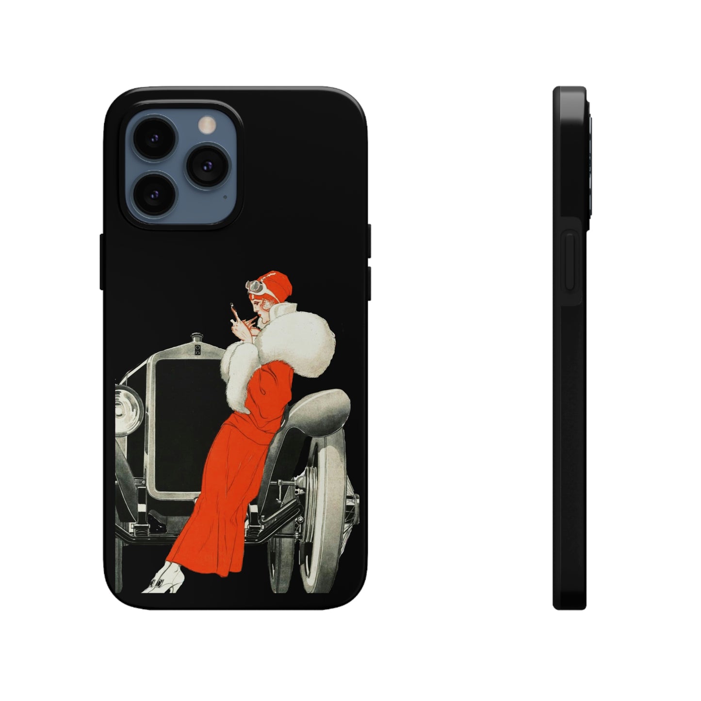 This unique iPhone case features the front of a 1920's automobile with a woman wearing a red fur lined coat and hat leaning against the front fender casually touching up her makeup.