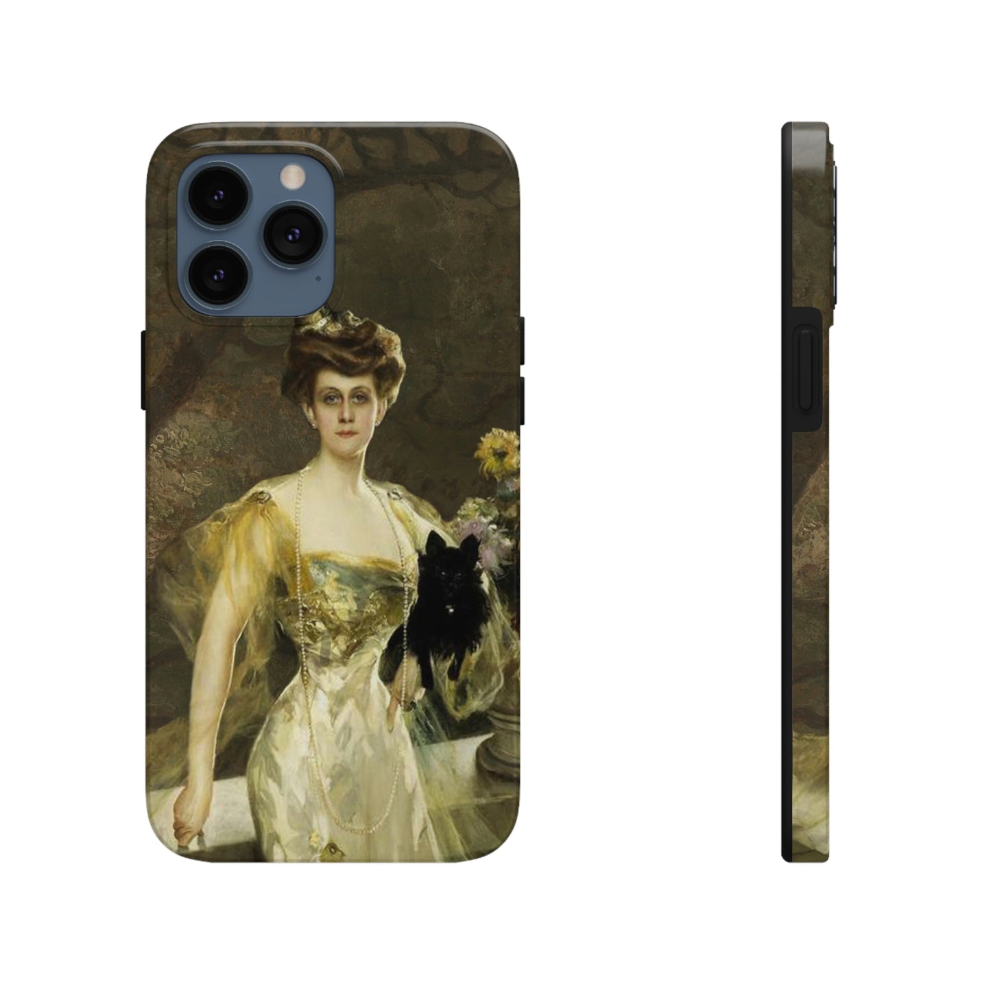 This unique iPhone case features an elegant 18th century lady in a golden evening gown, leaning against a balcony wall, and holding a black Scotty in one arm. She is looking directly at the viewer with no expression.