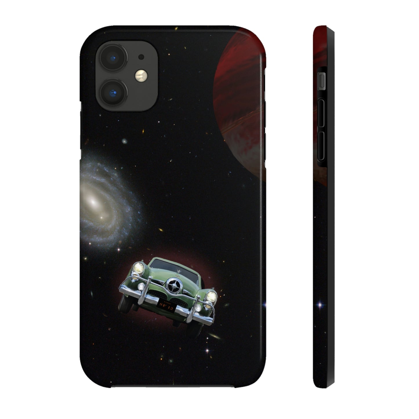 This unique iPhone case features a Studebaker Commander traveling through space with planets in the background