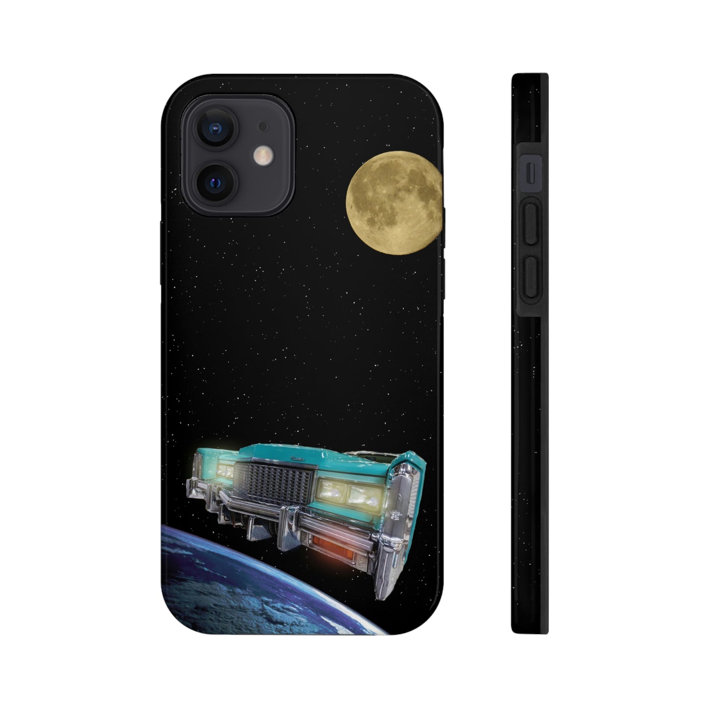 This unique iPhone case features a Cadillac traveling through space with planets in the background