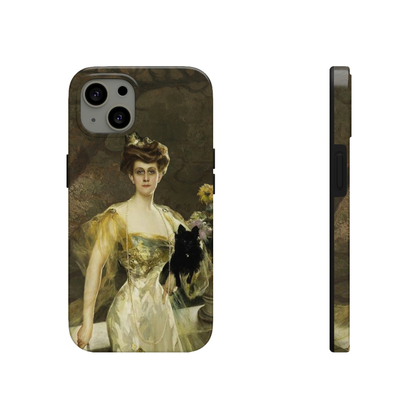 This unique iPhone case features an elegant 18th century lady in a golden evening gown, leaning against a balcony wall, and holding a black Scotty in one arm. She is looking directly at the viewer with no expression.