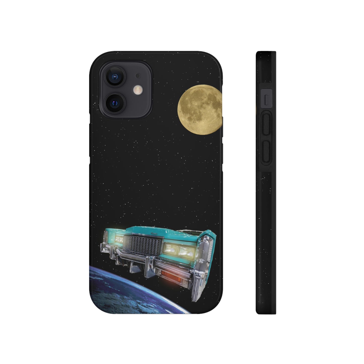 This unique iPhone case features a Cadillac traveling through space with planets in the background