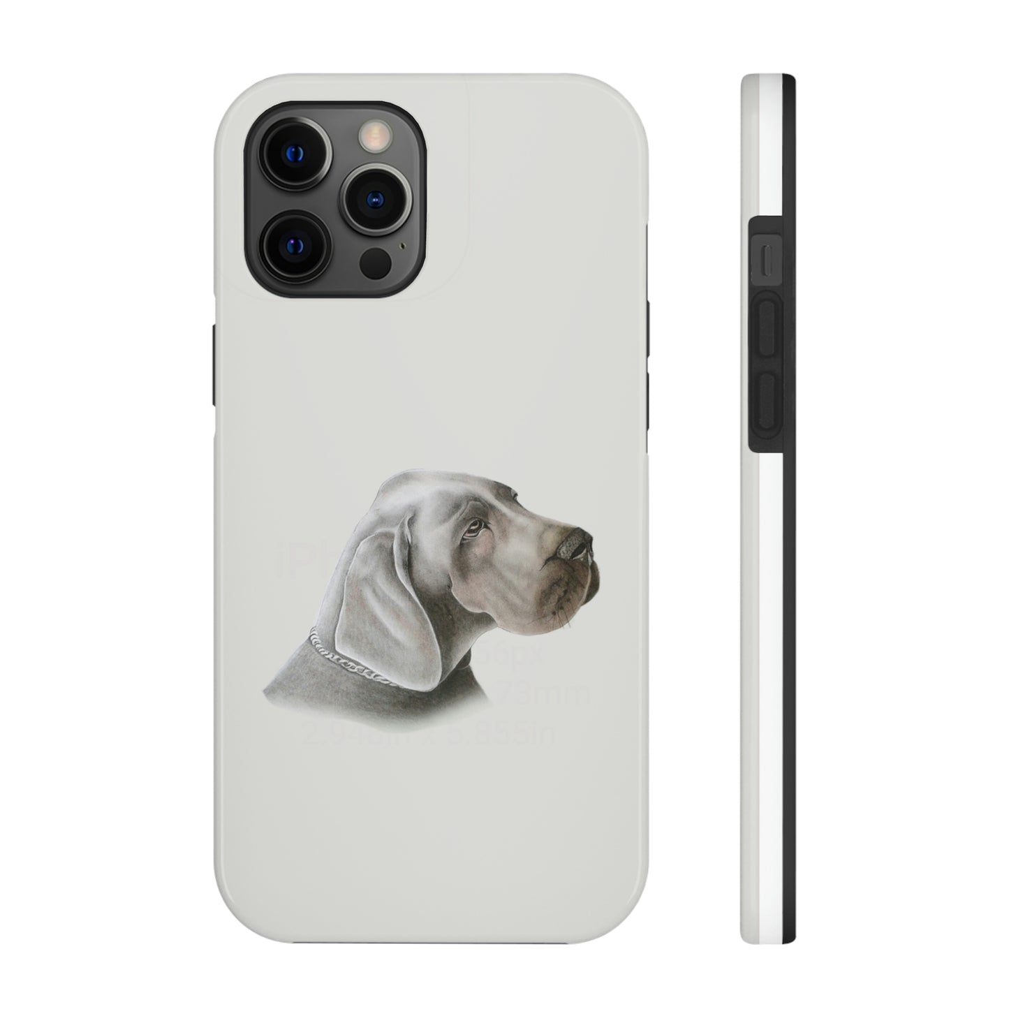 This unique iPhone case features a rending of a chalk sketch of a Weimaraner showing its head and shoulder.  