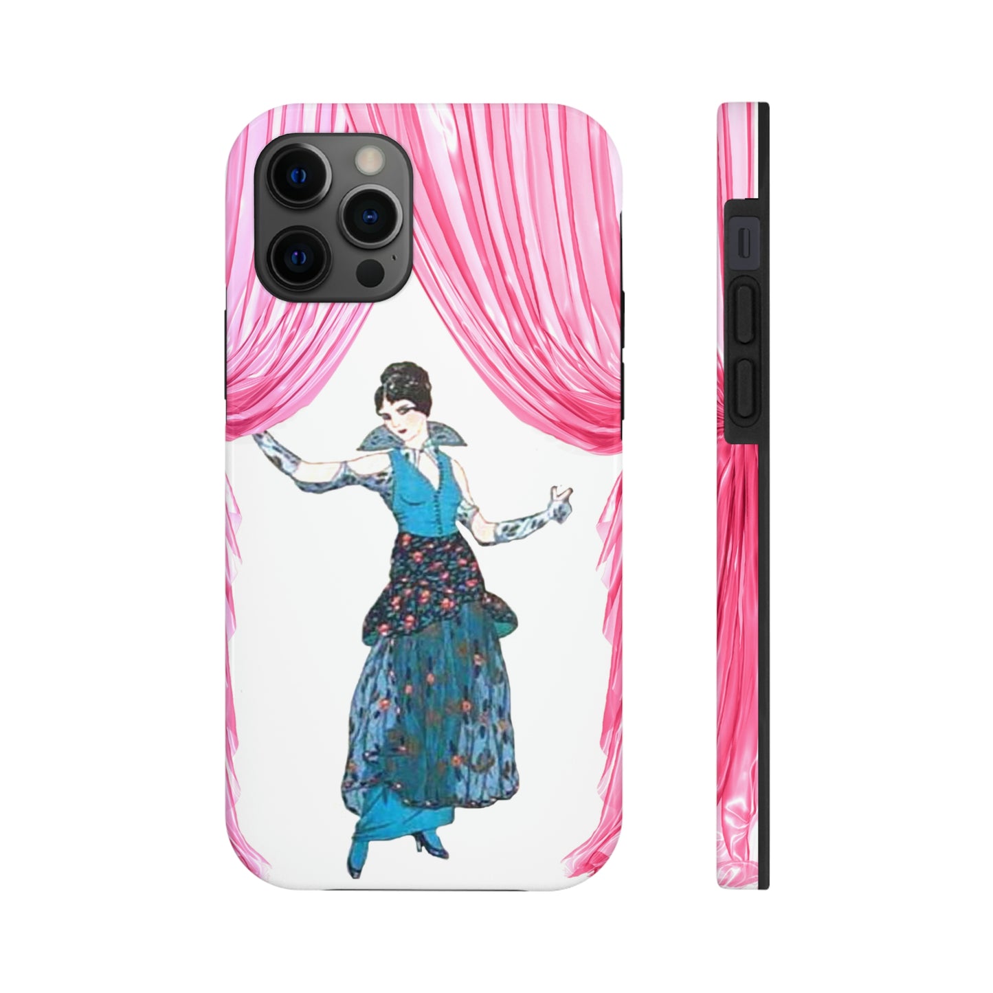 This Unique iPhone Case features a woman in 1913 clothing stepping out from behind a pink curtain. 