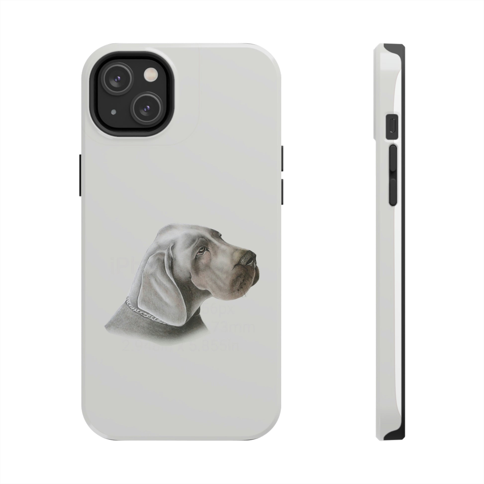 This unique iPhone case features a rending of a chalk sketch of a Weimaraner showing its head and shoulder.  