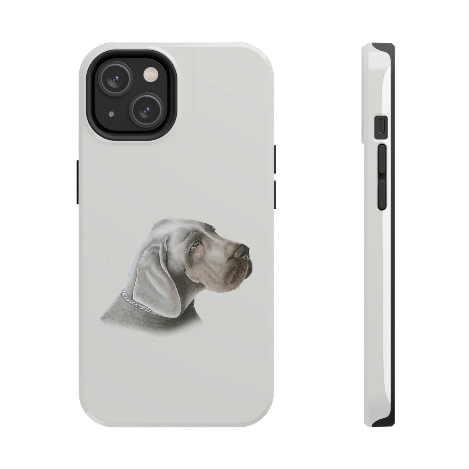 This unique iPhone case features a rending of a chalk sketch of a Weimaraner showing its head and shoulder.  