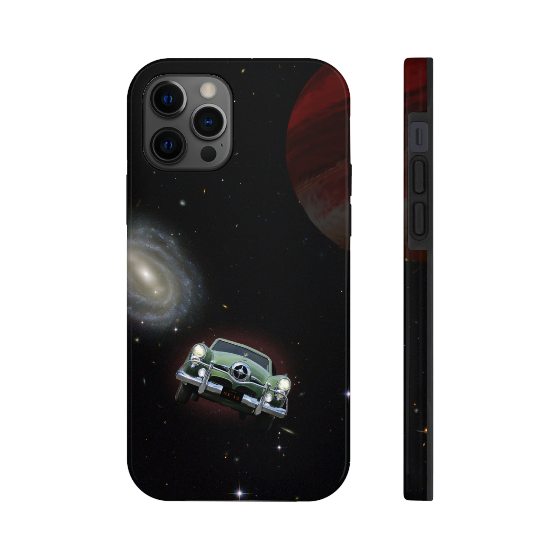 This unique iPhone case features a Studebaker Commander traveling through space with planets in the background