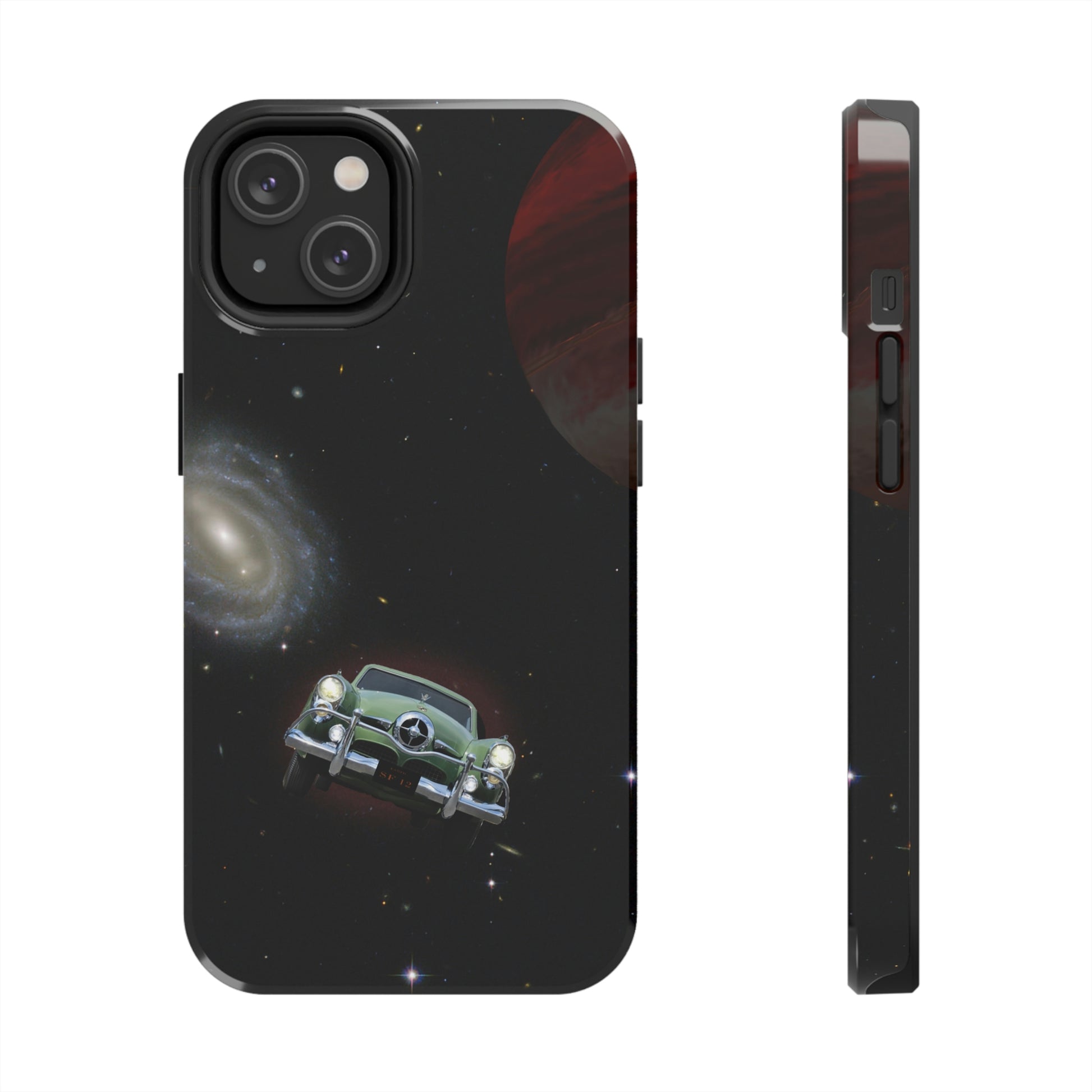 This unique iPhone case features a Studebaker Commander traveling through space with planets in the background