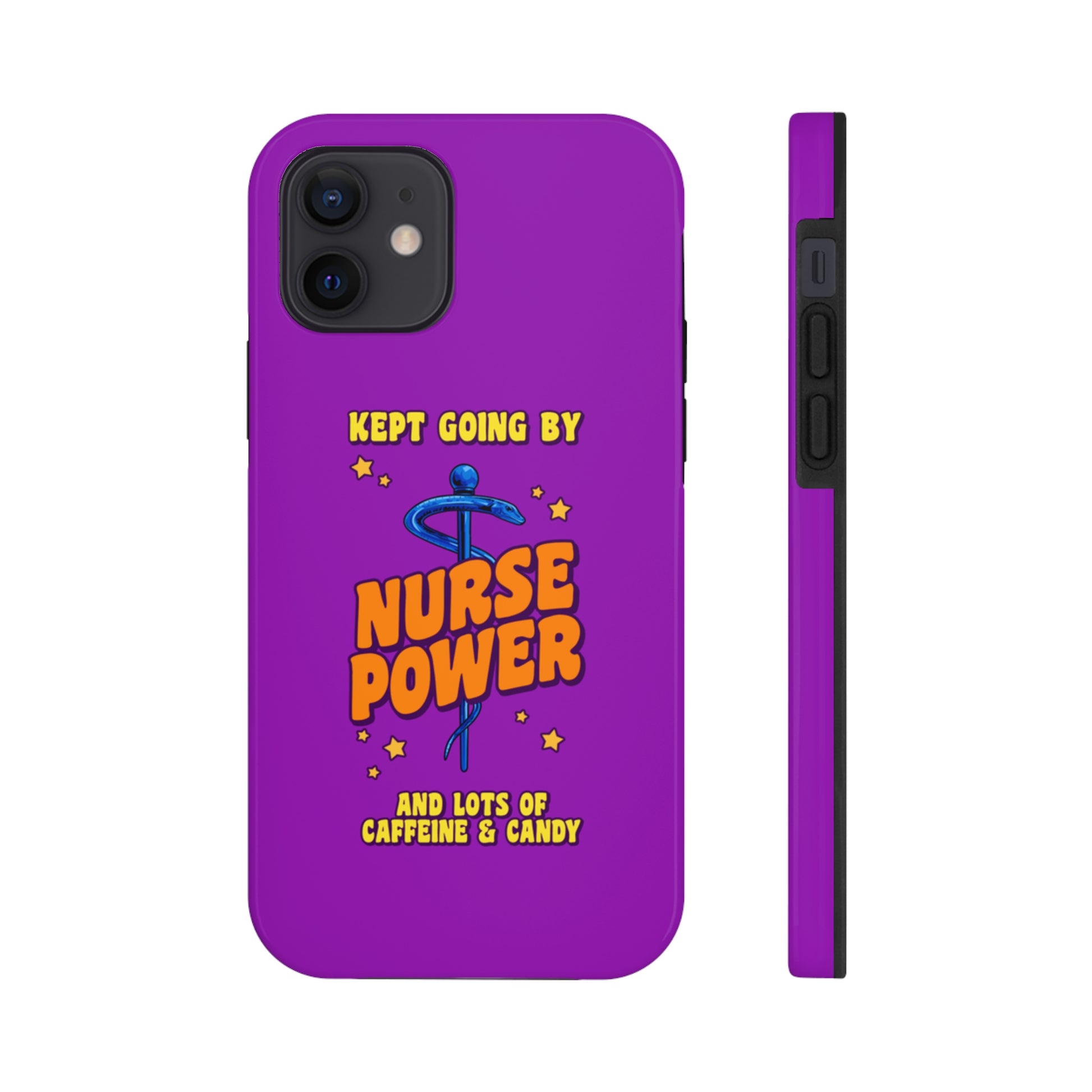 Unique iPhone case with medical symbol with text saying Nurse Power and Kept Going with Caffeine and Candy,