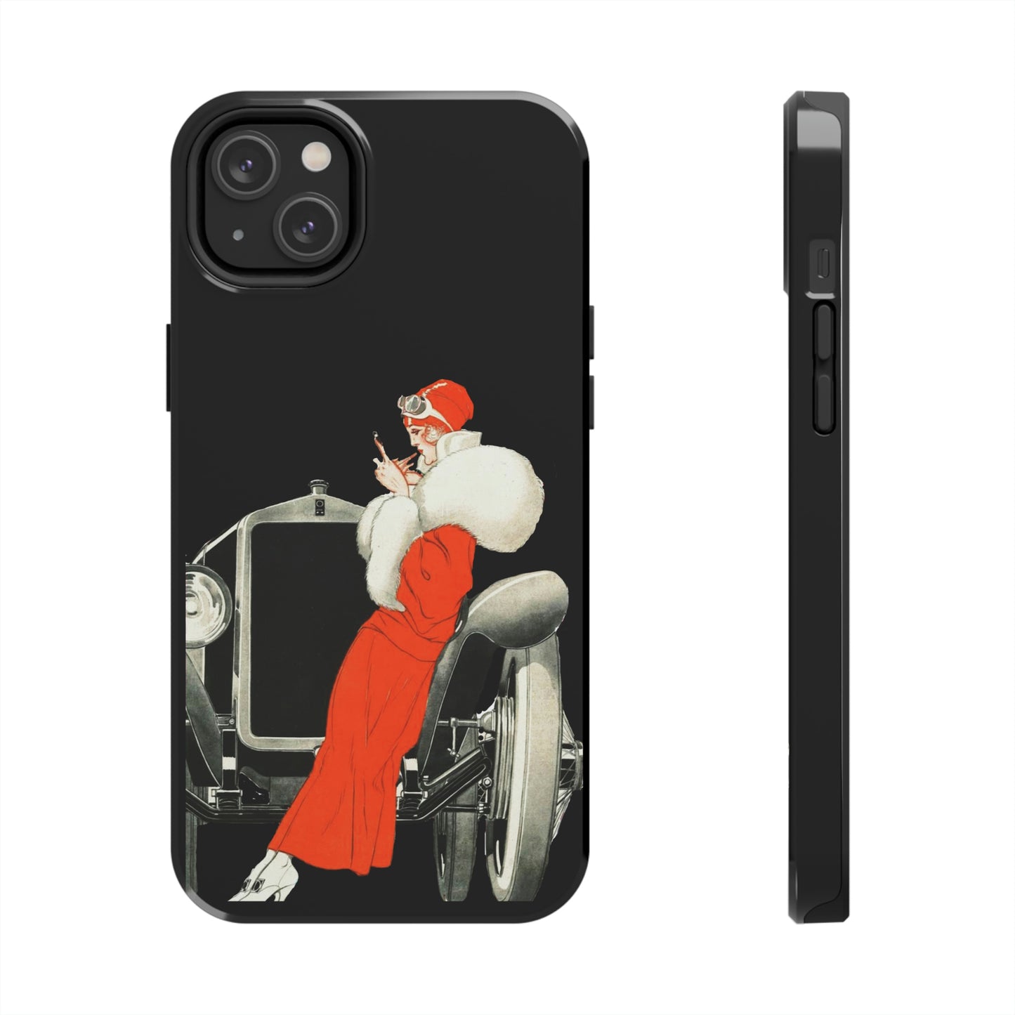 This unique iPhone case features the front of a 1920's automobile with a woman wearing a red fur lined coat and hat leaning against the front fender casually touching up her makeup.