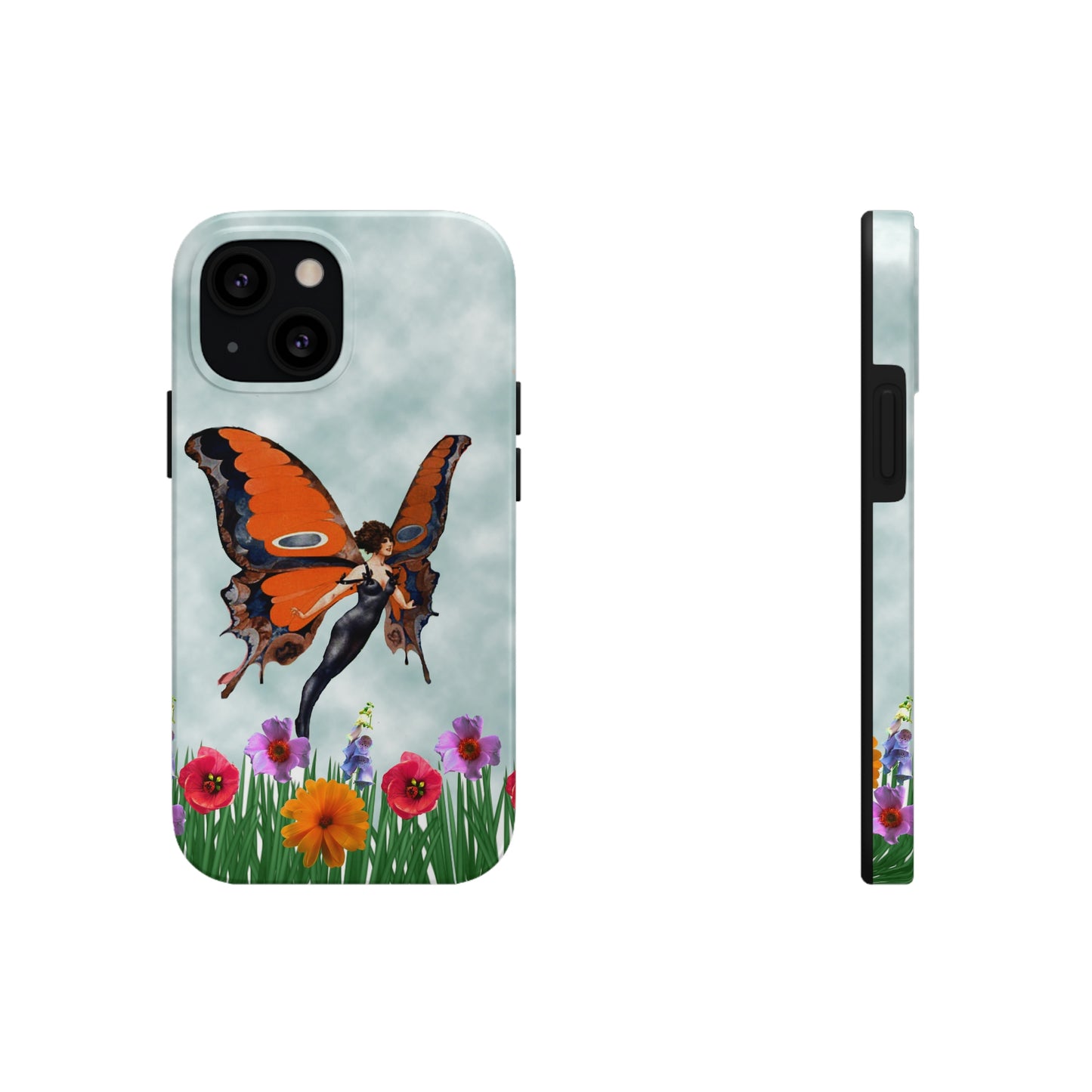 Theis unique iPhone case features a beautiful woman with butterfly wings flying above the tops of flower in a garden. 