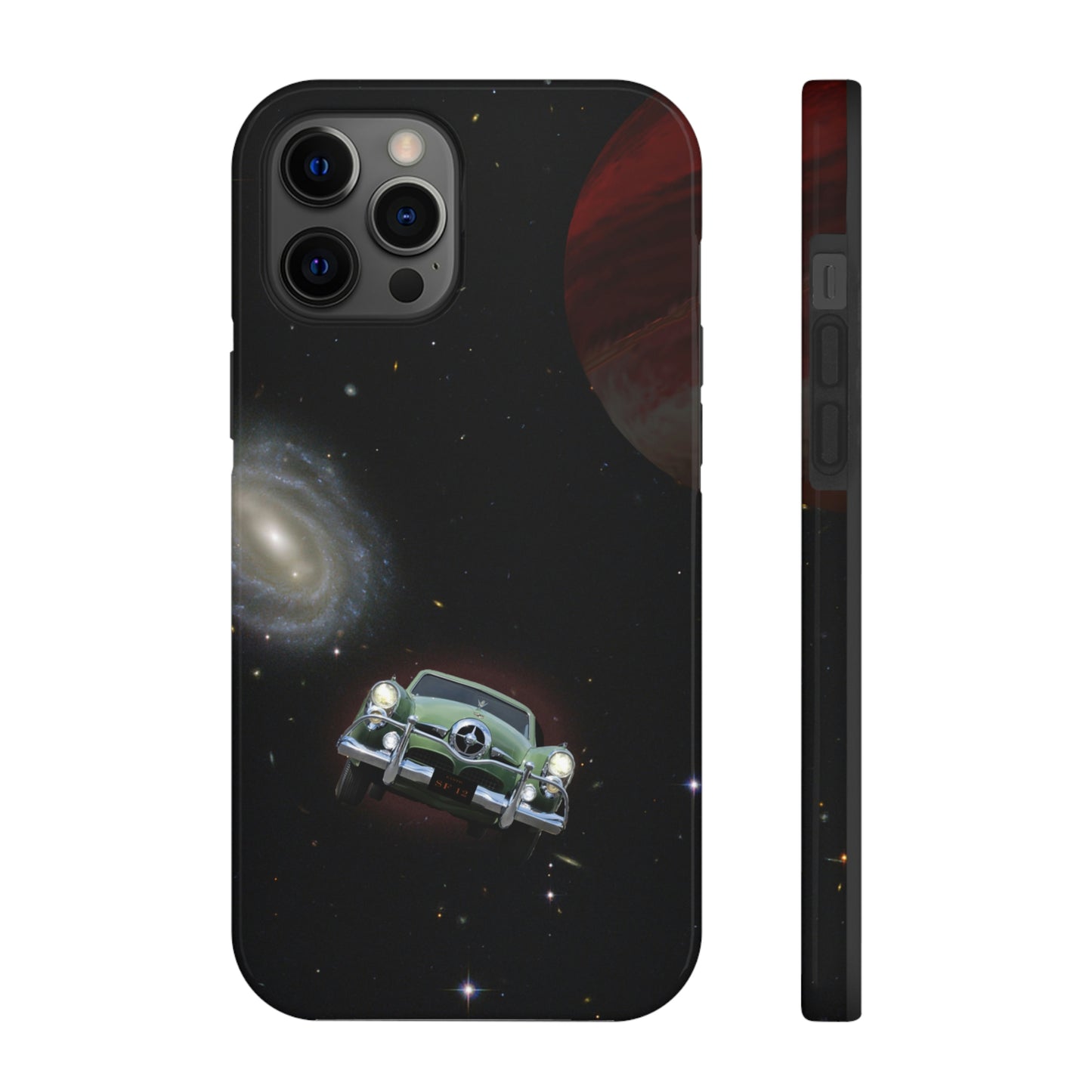 This unique iPhone case features a Studebaker Commander traveling through space with planets in the background