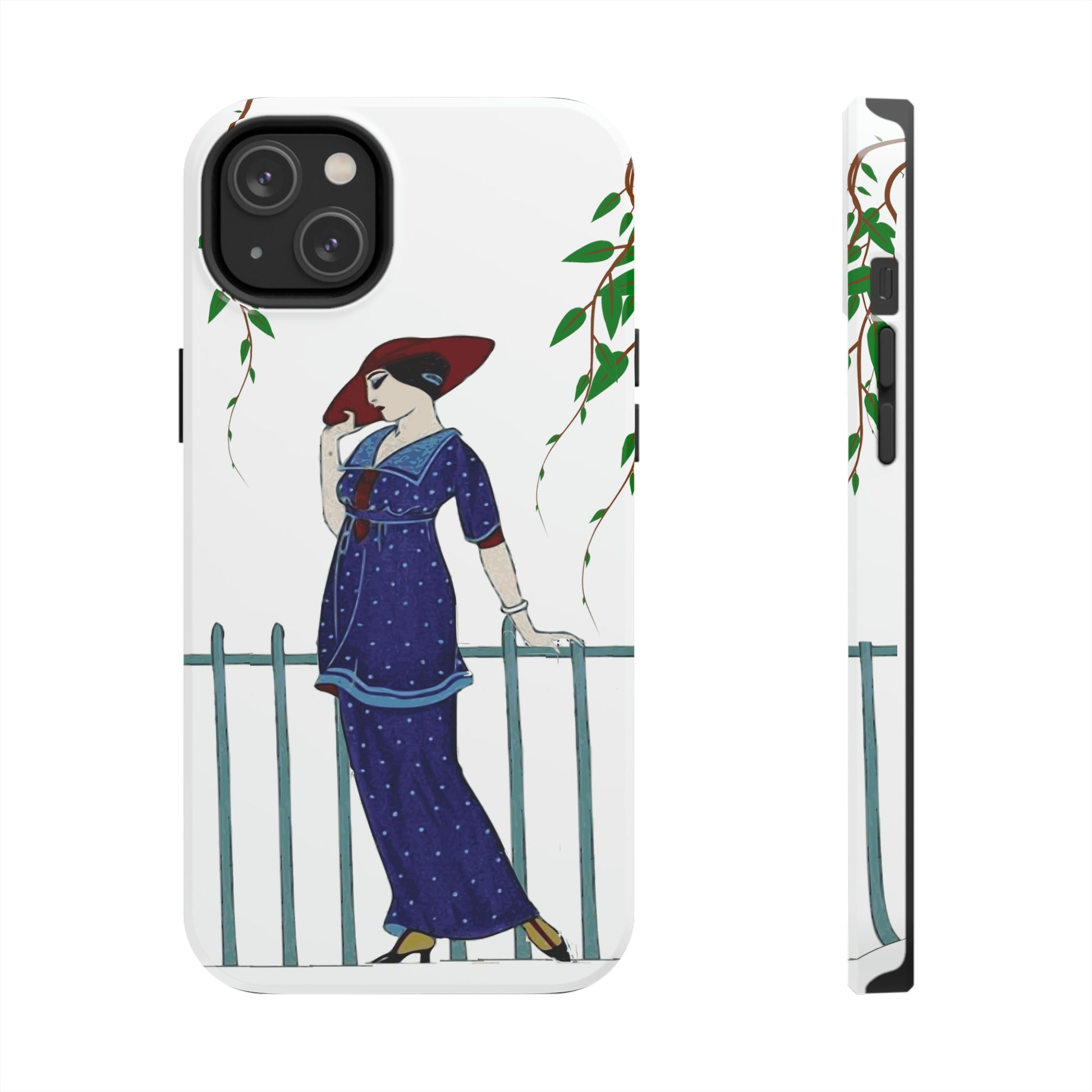 This unique iPhone case features an elegant woman in 1920s clothes and a red hat pausing next to an iron fence and looking pensive.