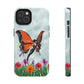 Theis unique iPhone case features a beautiful woman with butterfly wings flying above the tops of flower in a garden. 
