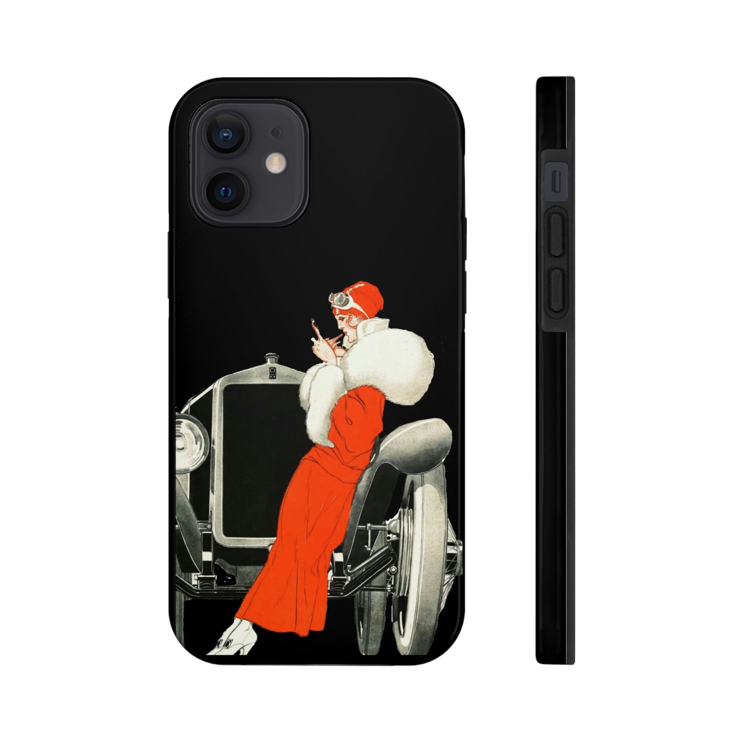 This unique iPhone case features the front of a 1920's automobile with a woman wearing a red fur lined coat and hat leaning against the front fender casually touching up her makeup.