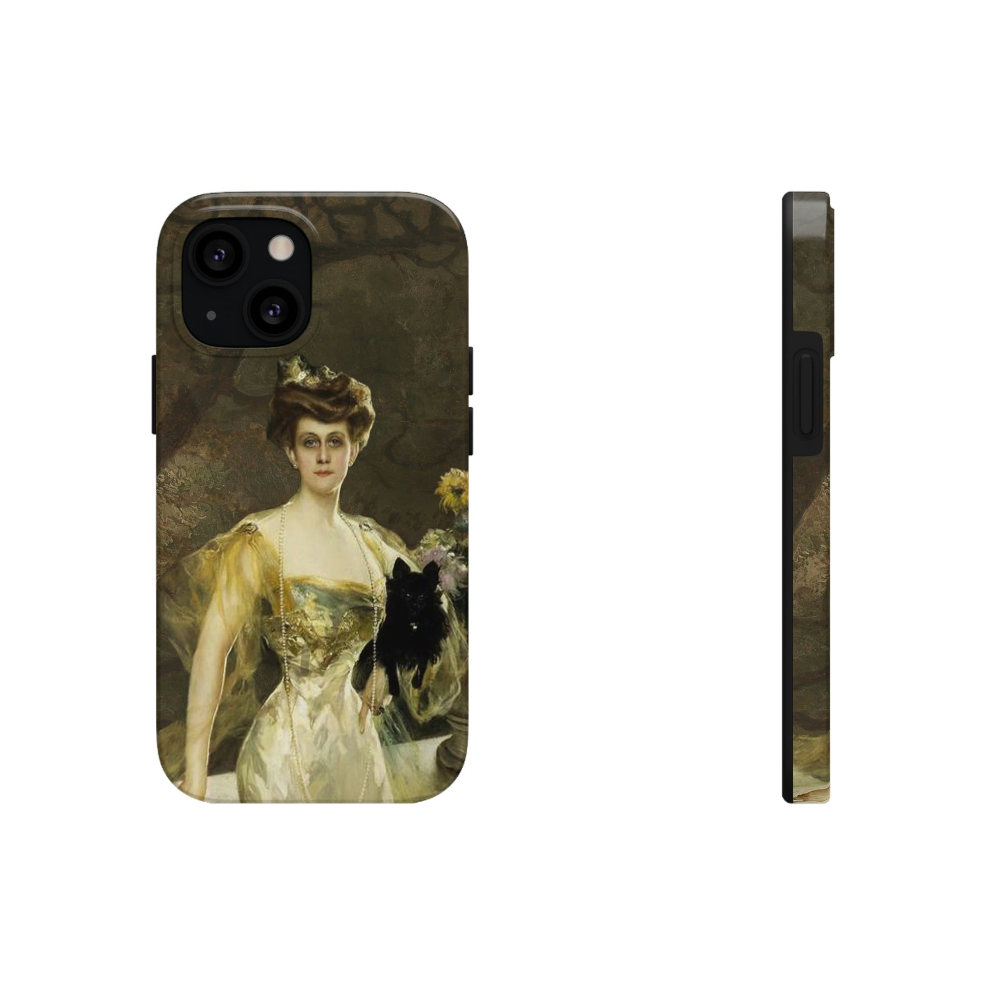 This unique iPhone case features an elegant 18th century lady in a golden evening gown, leaning against a balcony wall, and holding a black Scotty in one arm. She is looking directly at the viewer with no expression.