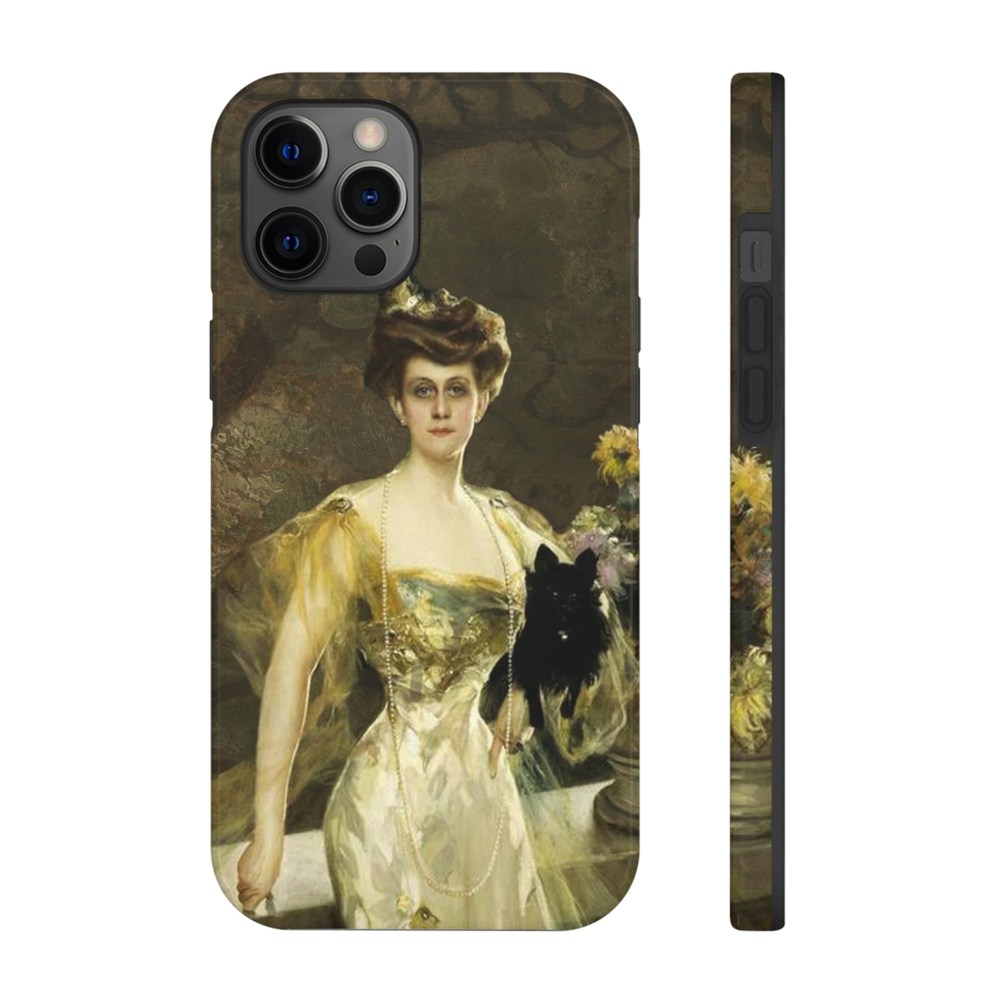 This unique iPhone case features an elegant 18th century lady in a golden evening gown, leaning against a balcony wall, and holding a black Scotty in one arm. She is looking directly at the viewer with no expression.