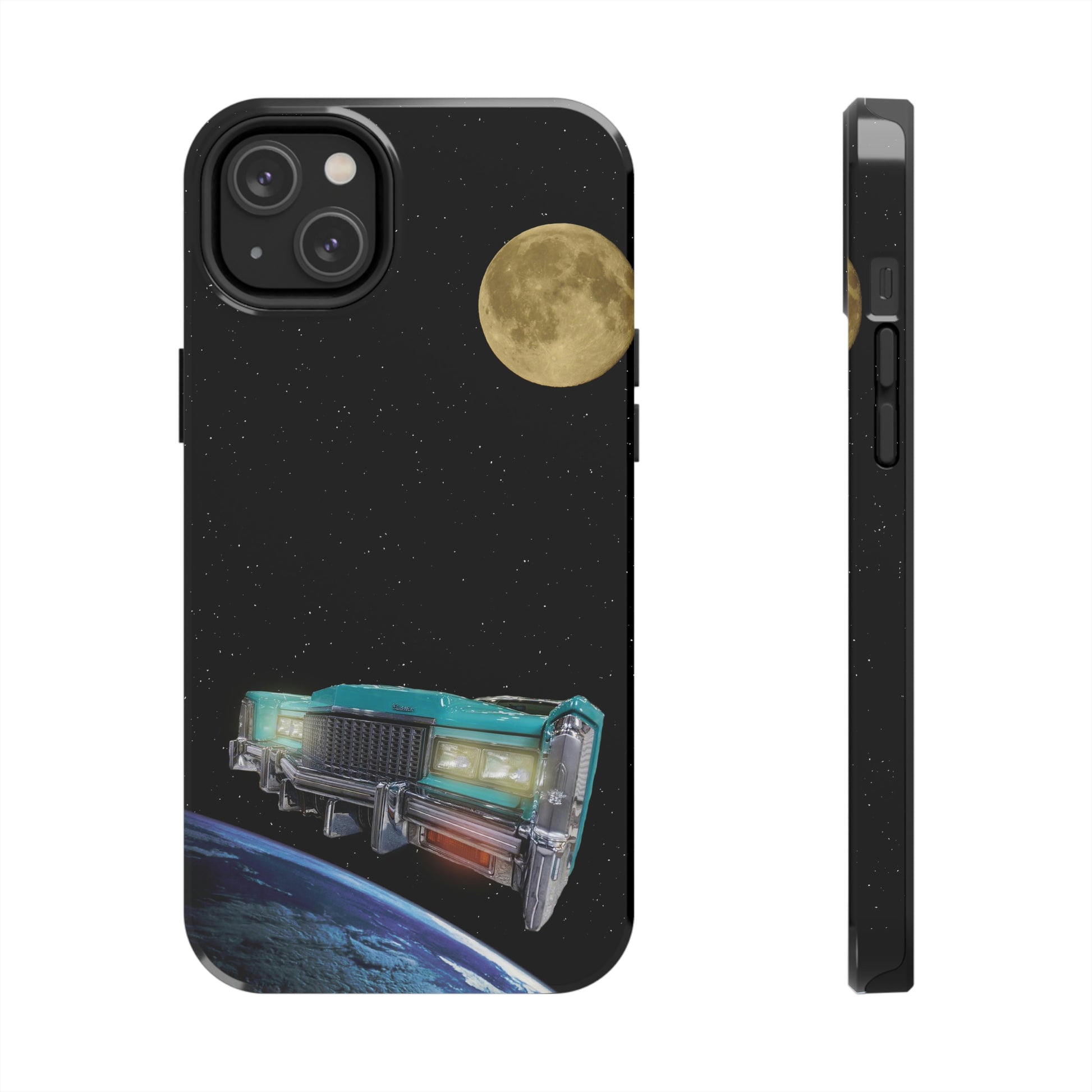 This unique iPhone case features a Cadillac traveling through space with planets in the background