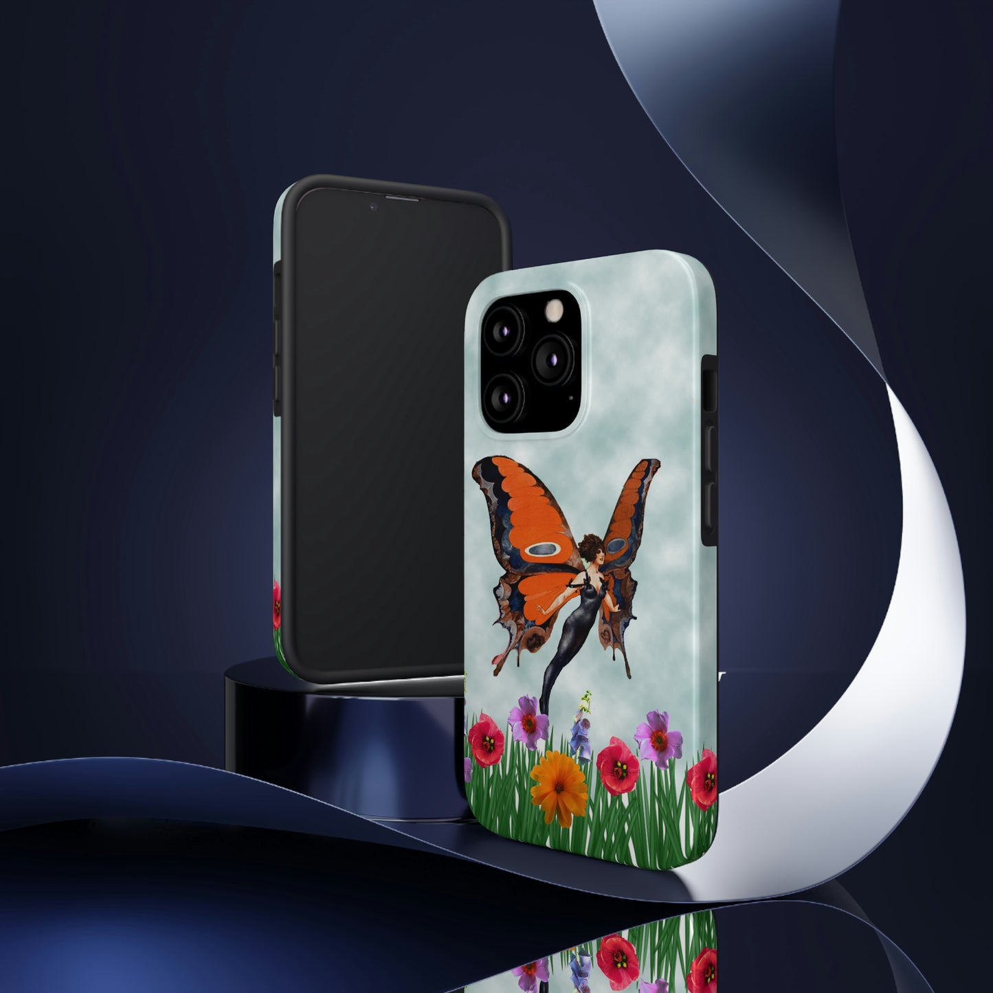 Theis unique iPhone case features a beautiful woman with butterfly wings flying above the tops of flower in a garden. 