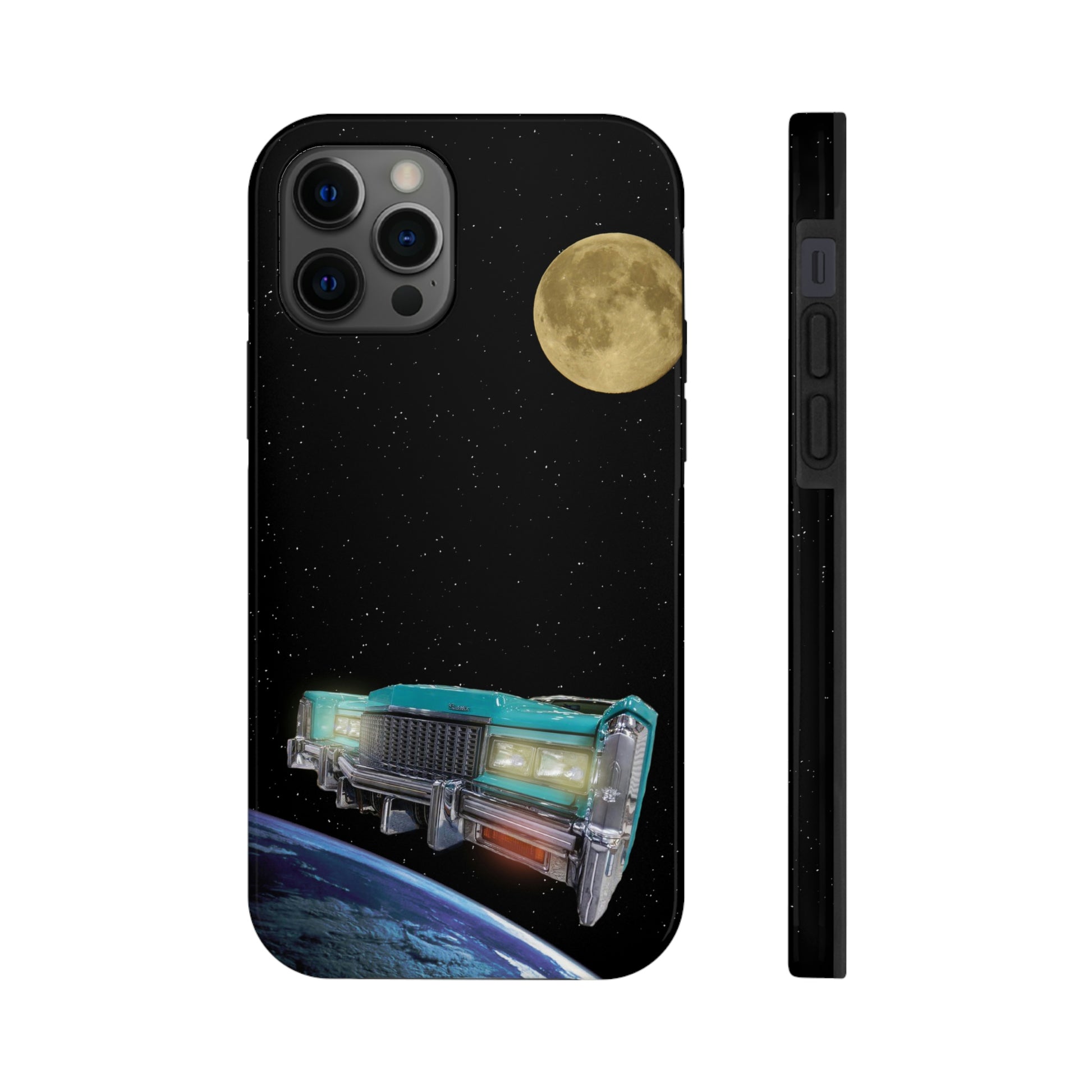 This unique iPhone case features a Cadillac traveling through space with planets in the background