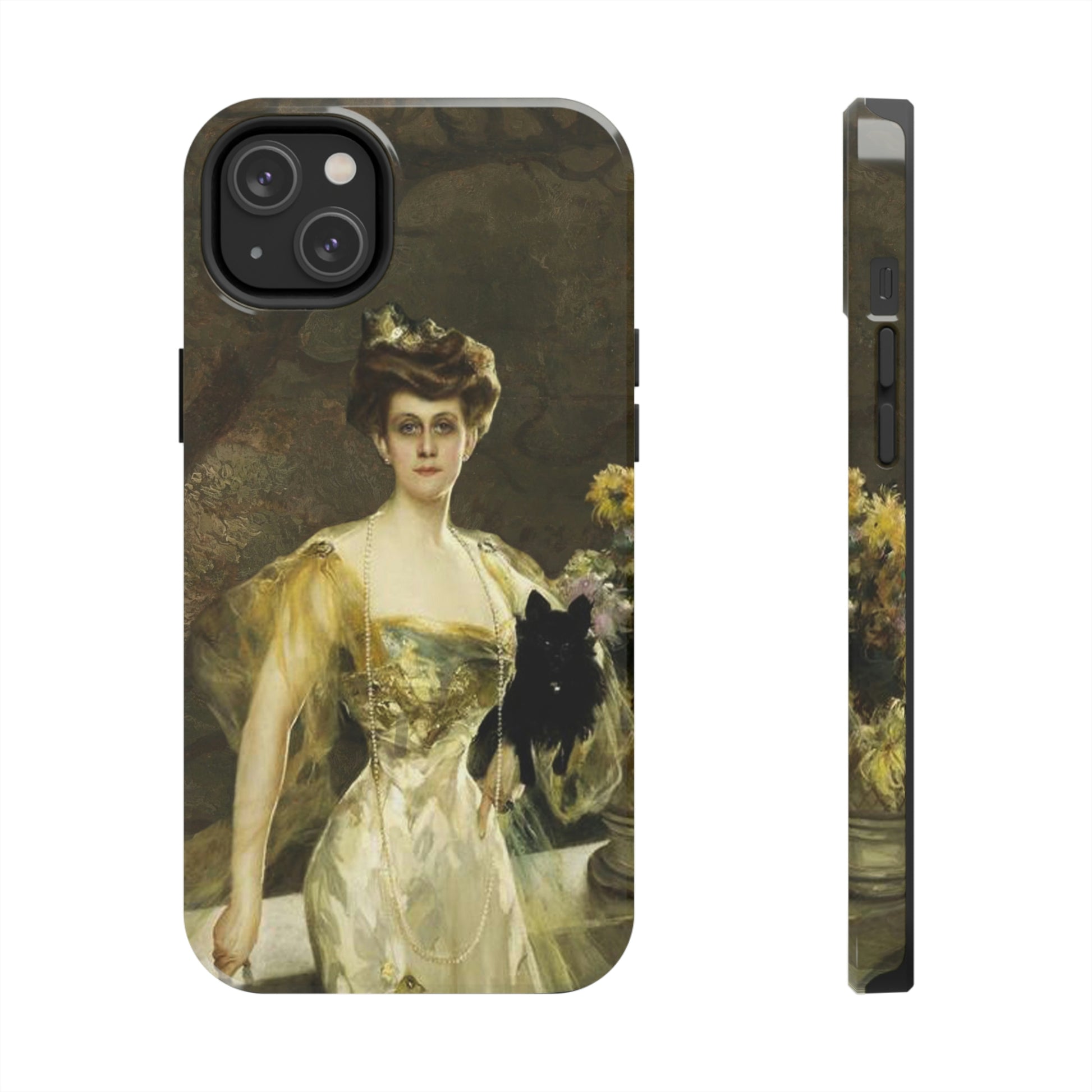 This unique iPhone case features an elegant 18th century lady in a golden evening gown, leaning against a balcony wall, and holding a black Scotty in one arm. She is looking directly at the viewer with no expression.