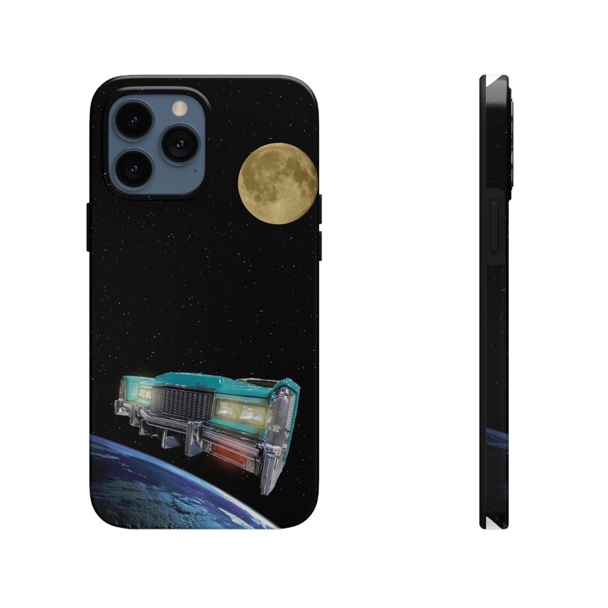 This unique iPhone case features a Cadillac traveling through space with planets in the background