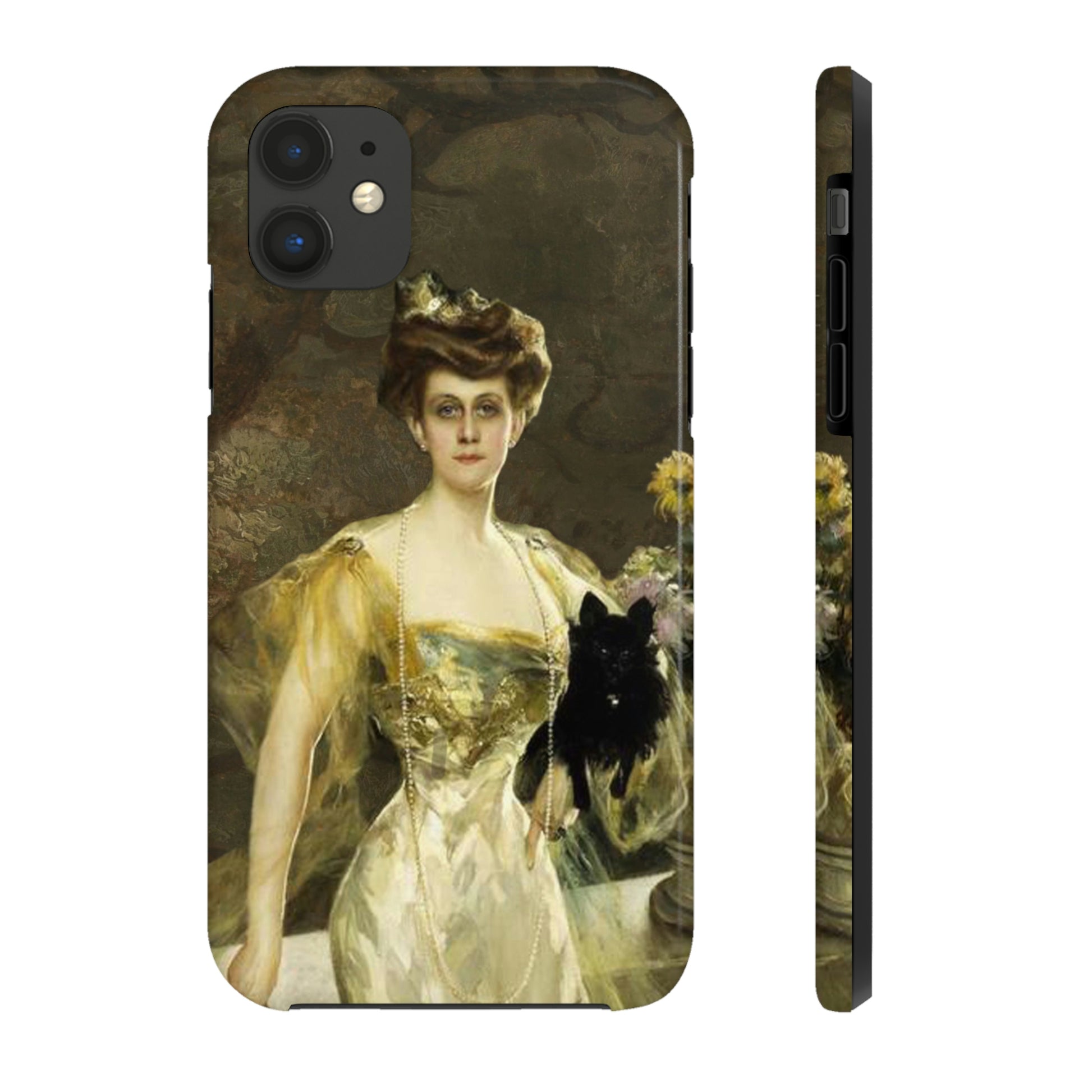 This unique iPhone case features an elegant 18th century lady in a golden evening gown, leaning against a balcony wall, and holding a black Scotty in one arm. She is looking directly at the viewer with no expression.