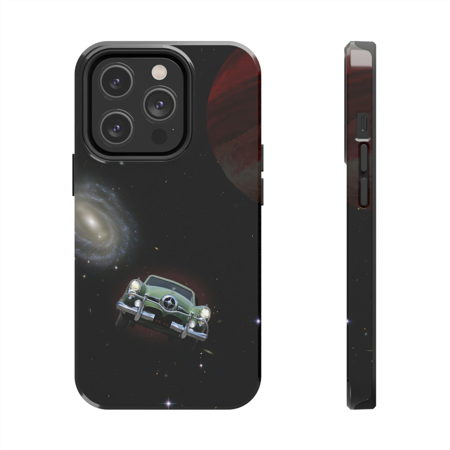 This unique iPhone case features a Studebaker Commander traveling through space with planets in the background