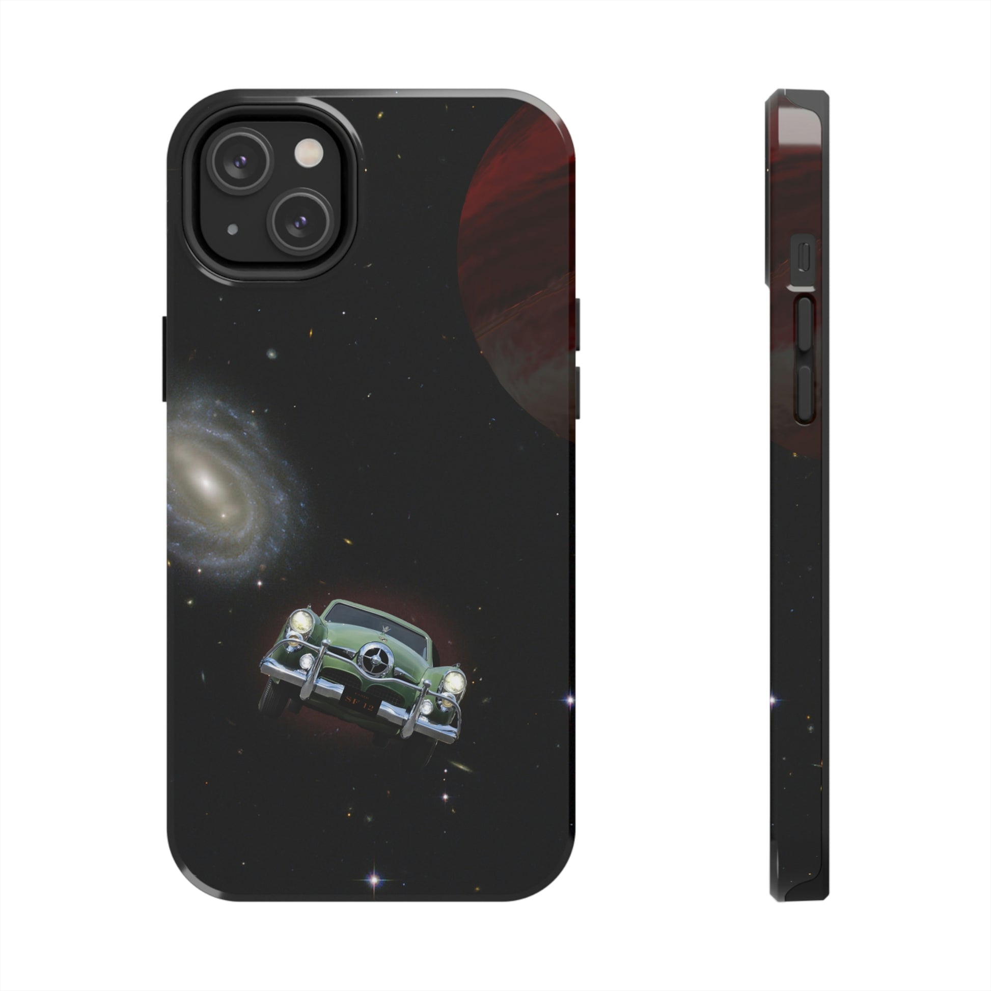 This unique iPhone case features a Studebaker Commander traveling through space with planets in the background