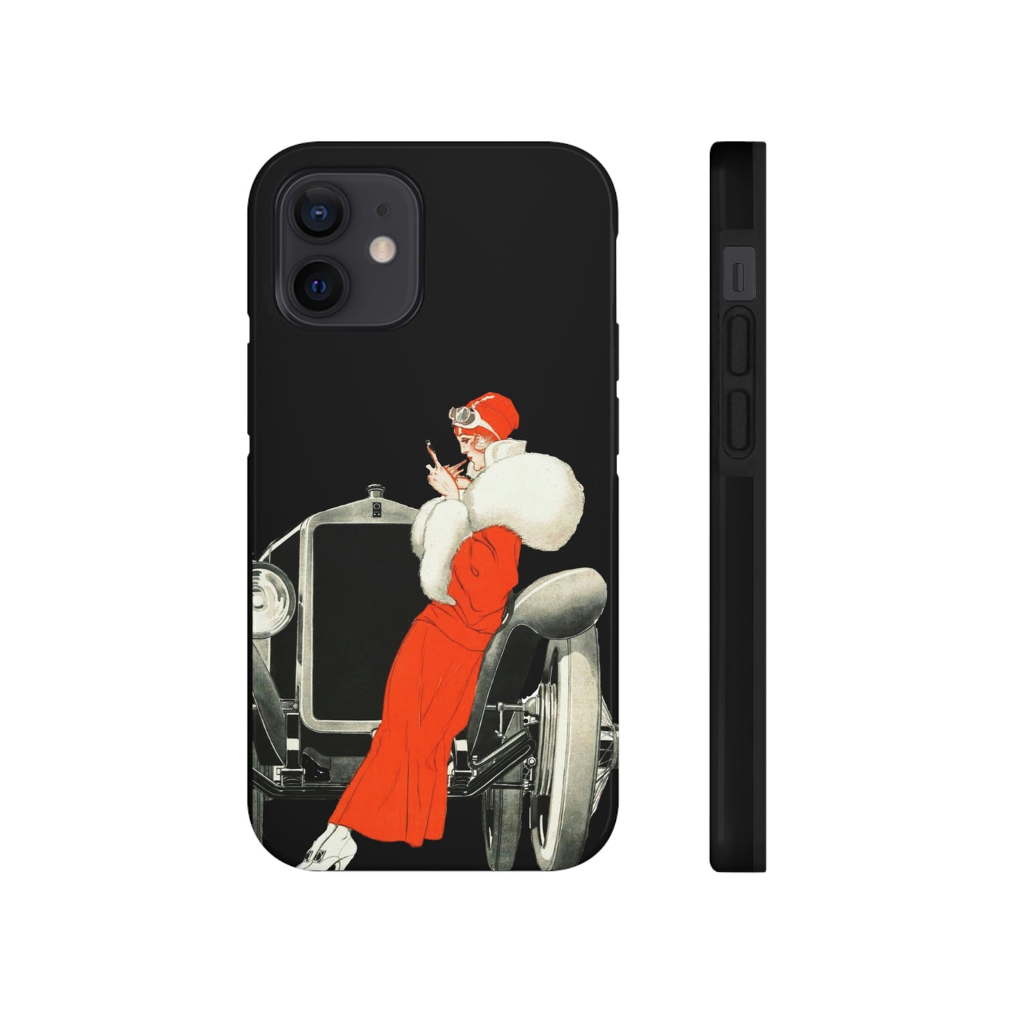 This unique iPhone case features the front of a 1920's automobile with a woman wearing a red fur lined coat and hat leaning against the front fender casually touching up her makeup.