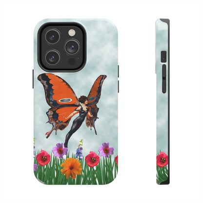 Theis unique iPhone case features a beautiful woman with butterfly wings flying above the tops of flower in a garden. 