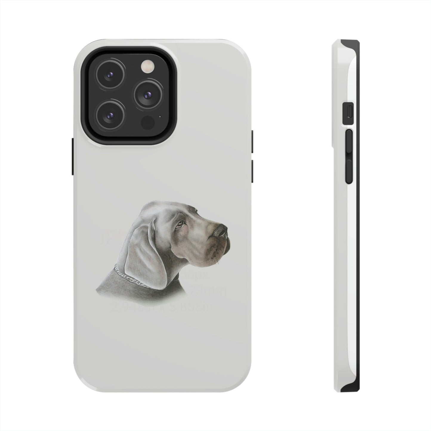 This unique iPhone case features a rending of a chalk sketch of a Weimaraner showing its head and shoulder.  