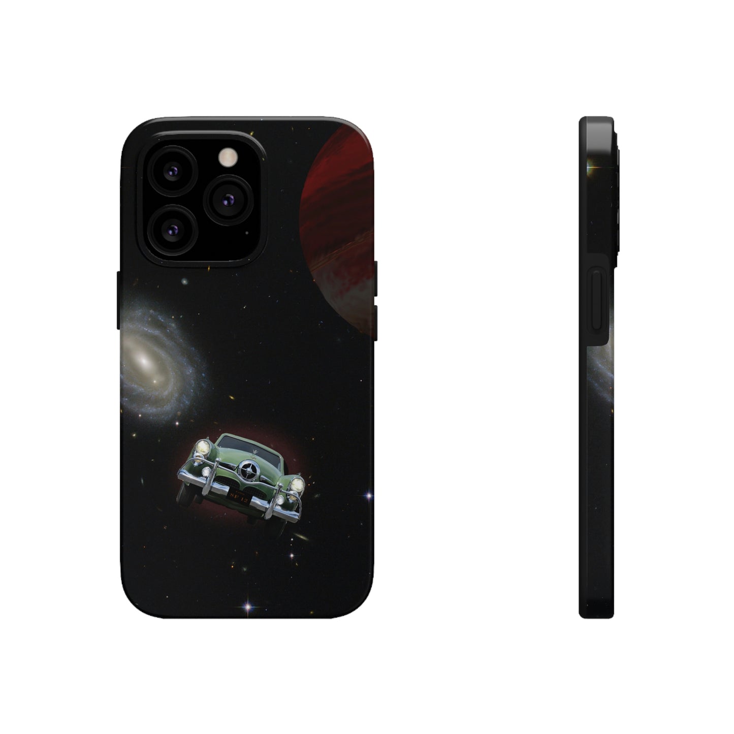 This unique iPhone case features a Studebaker Commander traveling through space with planets in the background