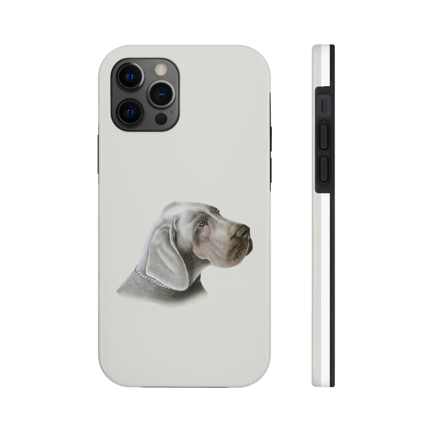 This unique iPhone case features a rending of a chalk sketch of a Weimaraner showing its head and shoulder.  