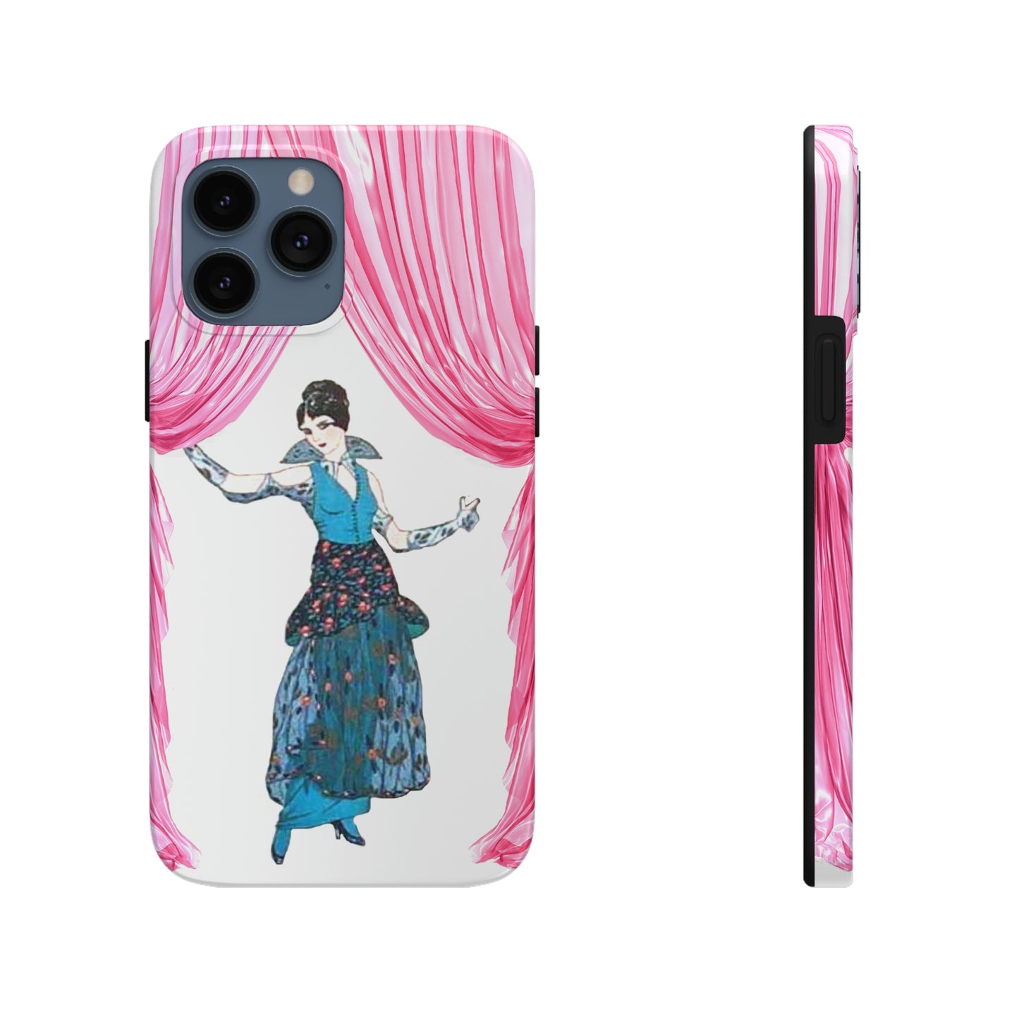 This Unique iPhone Case features a woman in 1913 clothing stepping out from behind a pink curtain. 