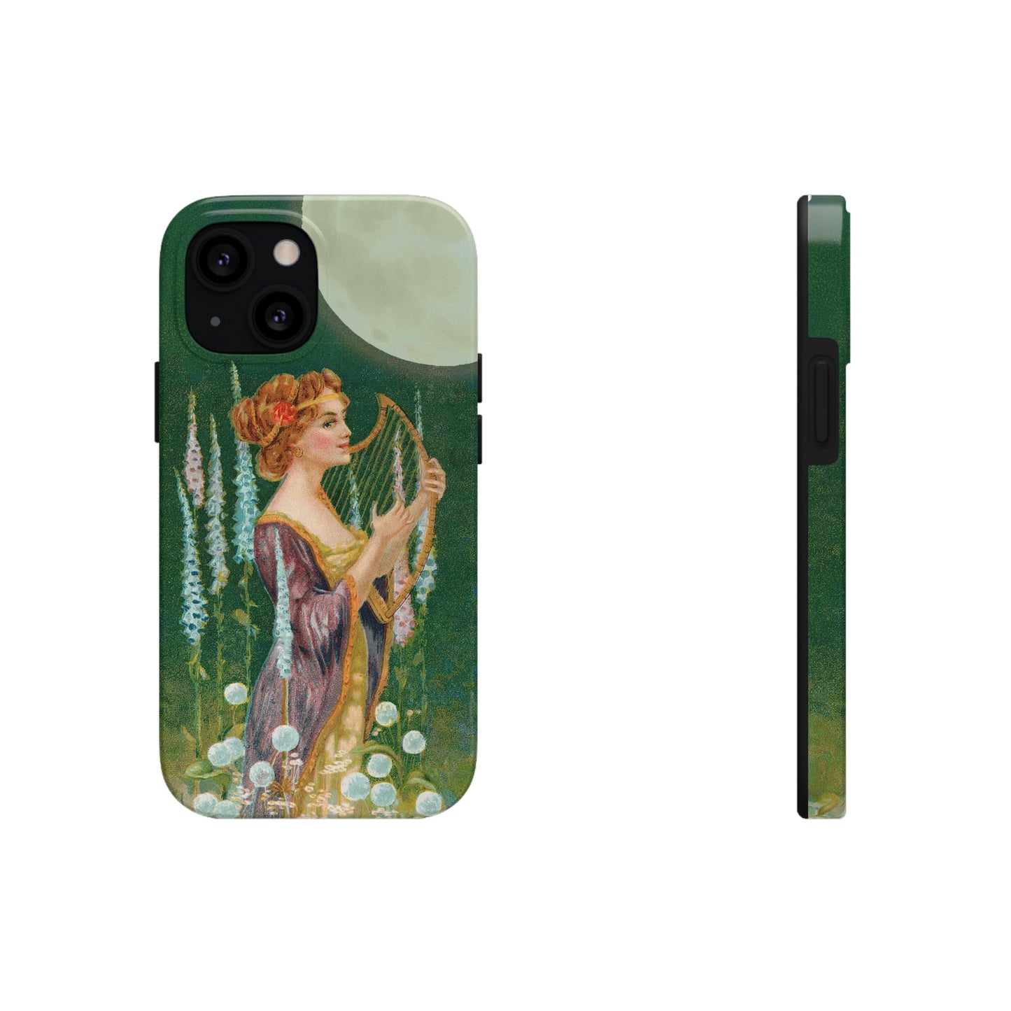 Unique iPhone case image of a maiden strumming her harp under a full moon.