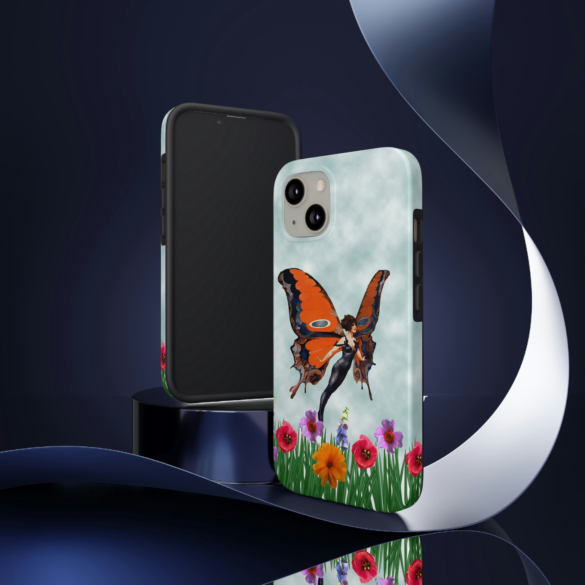 Theis unique iPhone case features a beautiful woman with butterfly wings flying above the tops of flower in a garden. 